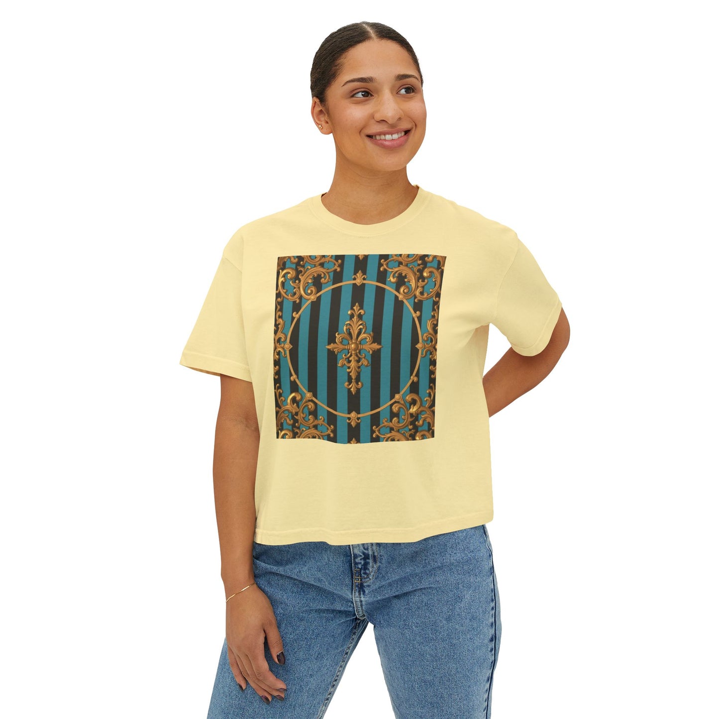 Chic Turquoise & Black Striped Gold Baroque Women's Boxy Tee with Vintage Inspired Design, Perfect for Casual Outings