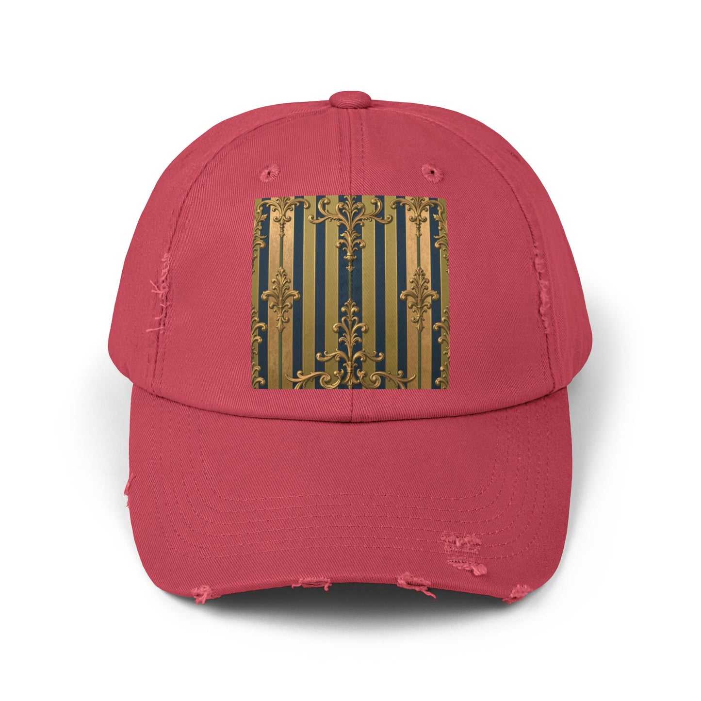 Stylish Midnight Blue & Olive Striped Gold Baroque Unisex Distressed Cap with Elegant Gold Accent, Fashionable Hat for Casual Days, Gift for Birthdays