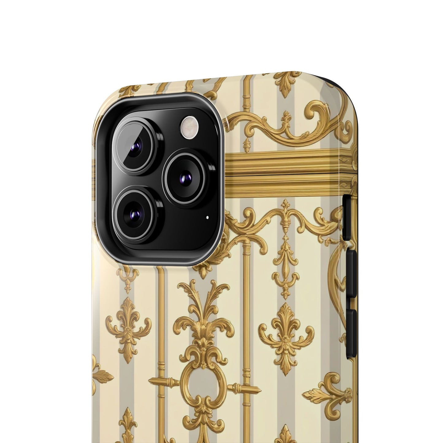 Elegant Gold Pattern Tough Phone Cases | Stylish Phone Covers, Trendy Cell Phone Accessories - Matte Gray & Cream Striped Gold Baroque