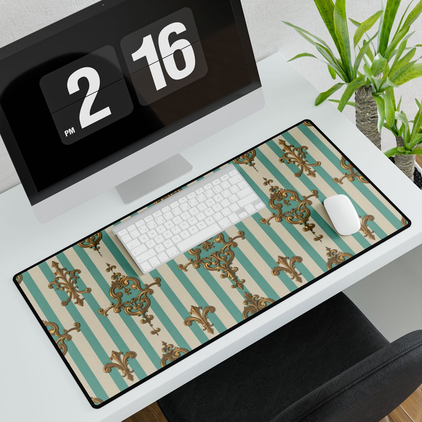 Elegant Desk Mats - Luxe Office Decor, Stylish Workspace Accessories, Personalized Desk Ideas - Matte Green Striped Rococo