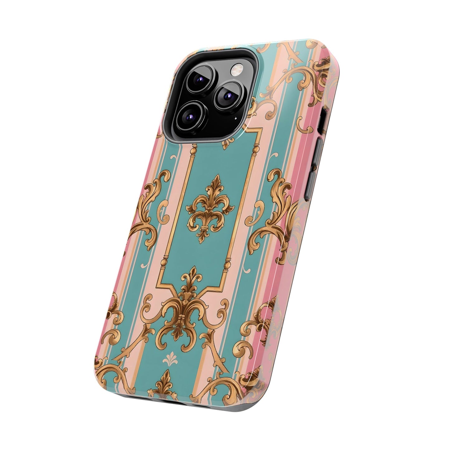 Elegant Floral Tough Phone Case, Artistic Phone Cover, Gift for Her, Chic Phone Accessory - Pink & Matte Turquoise Striped Rococo