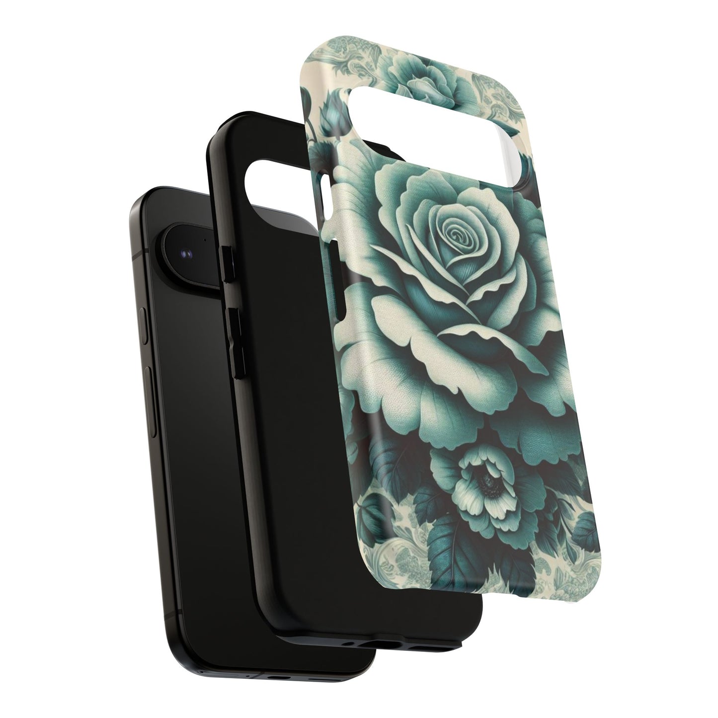 Elegant Floral Motif Phone Case - Tough Cases with Vintage Design - Teal Roses & Damask