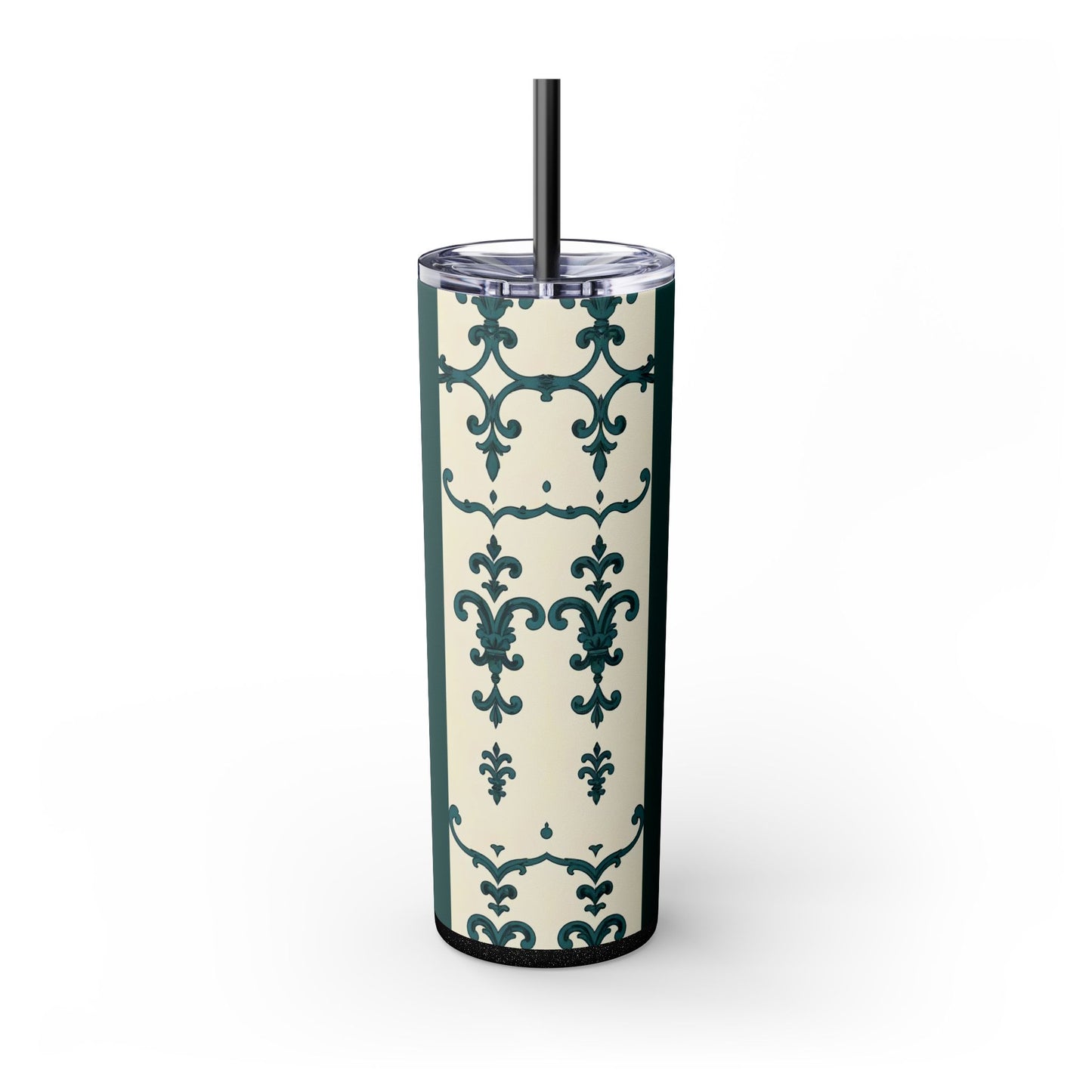 Elegant Floral Skinny Tumbler, 20oz - Stylish Travel Mug for Home, Coffee Lover Gift, Eco-Friendly Drinkware, Party Favor - Teal Striped Rococo