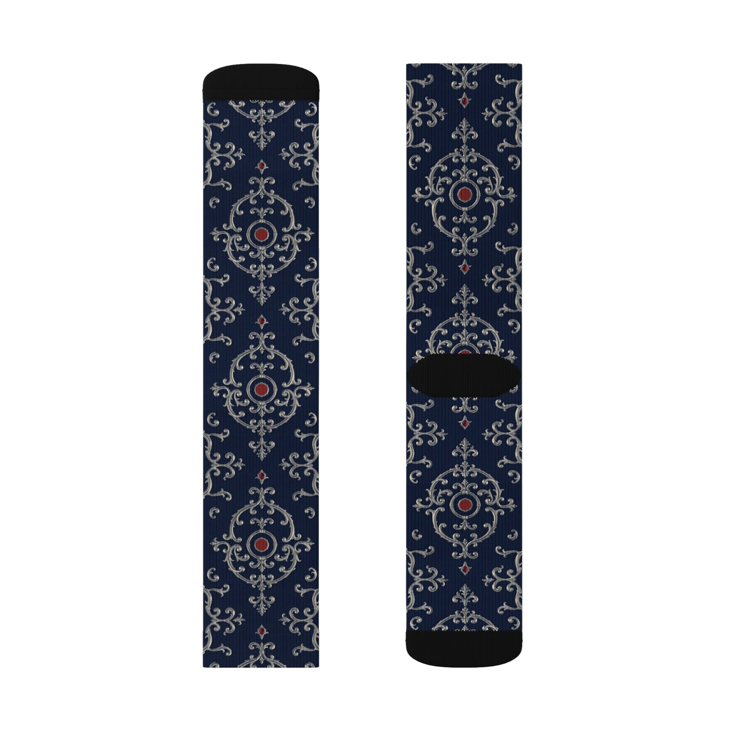 Stylish Sublimation Socks for Everyday Comfort, Unique Gift for Sock Lovers, Cozy Footwear for All Occasions - Blue & Red Striped Silver Baroque