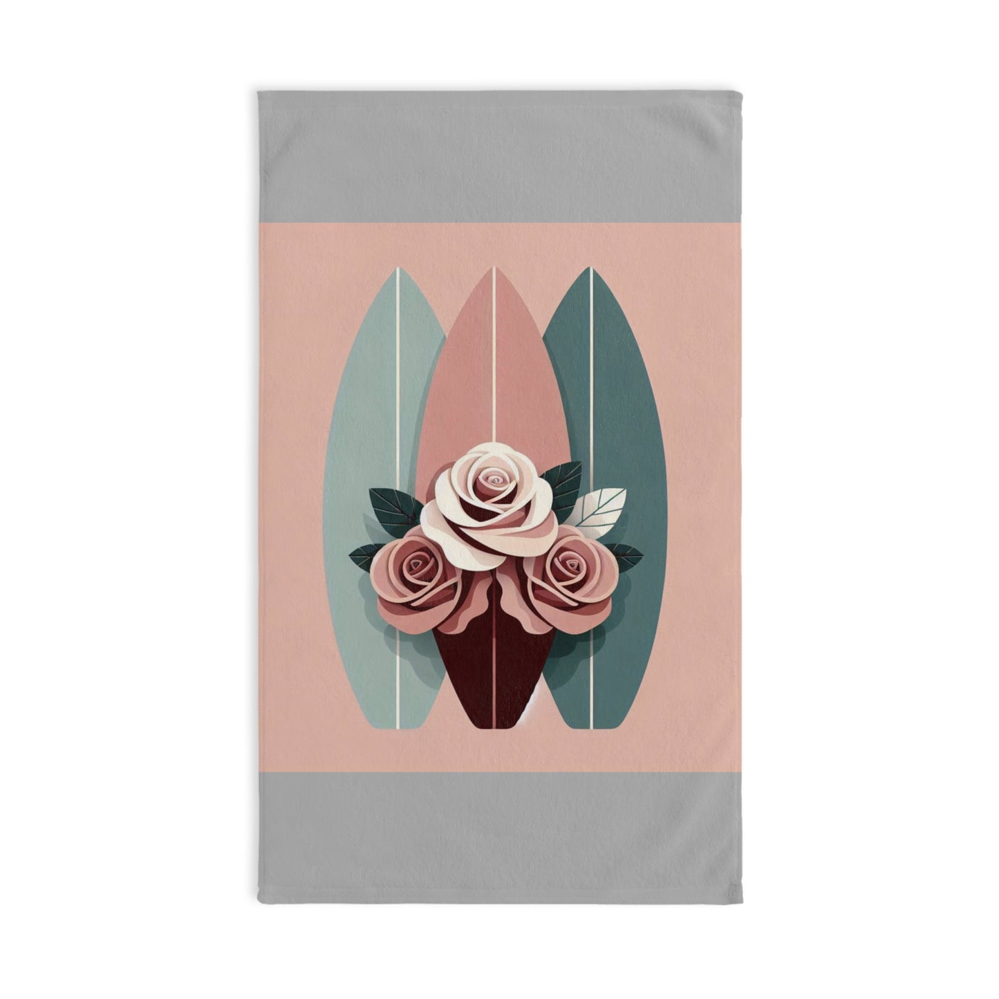 Elegant Floral Hand Towel - Roses & Surfboard Design for Home Decor & Gifts - Burgundy, Matte Mauve & Teal Surfboard & Roses