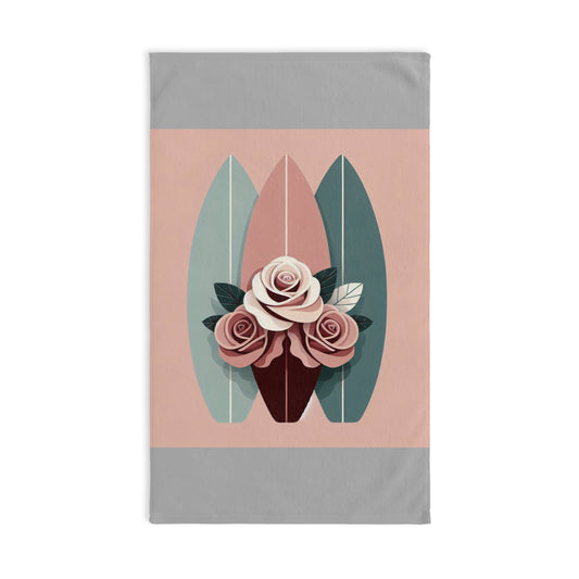 Elegant Floral Hand Towel - Roses & Surfboard Design for Home Decor & Gifts - Burgundy, Matte Mauve & Teal Surfboard & Roses