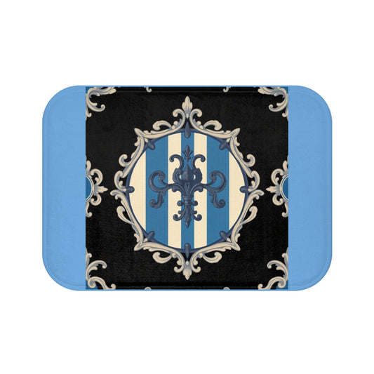 Elegant Blue & Alabaster Striped Baroque Vintage Bath Mat, Boho Home Decor, Chic Bathroom Accessory, Luxurious Shower Rug, Gifts for Her