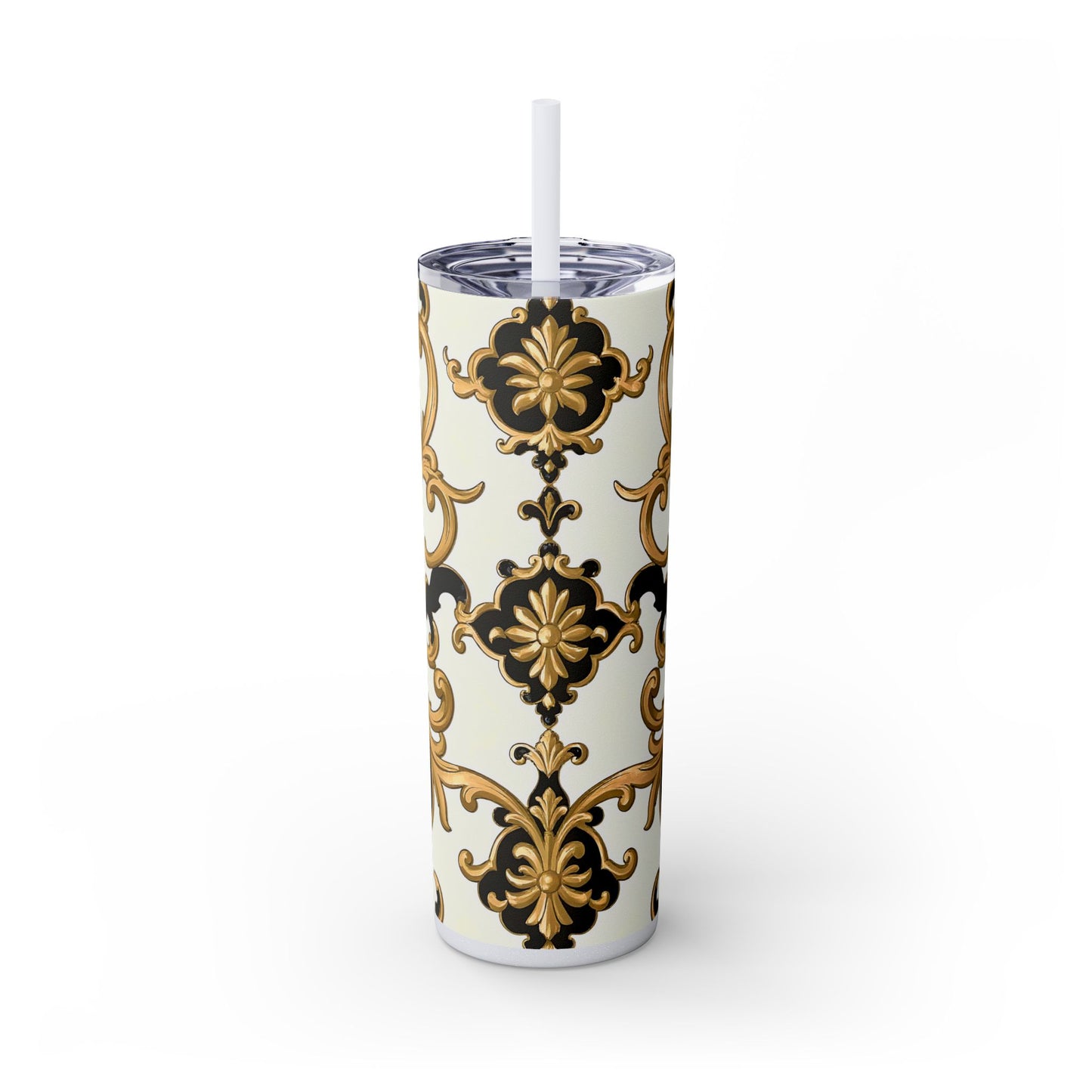Elegant Gold Floral Skinny Tumbler, 20oz | Insulated Cup for Hot & Cold Drinks, Travel Mug, Gift for Mom, Stylish Drinkware - Black & Gold Rococo