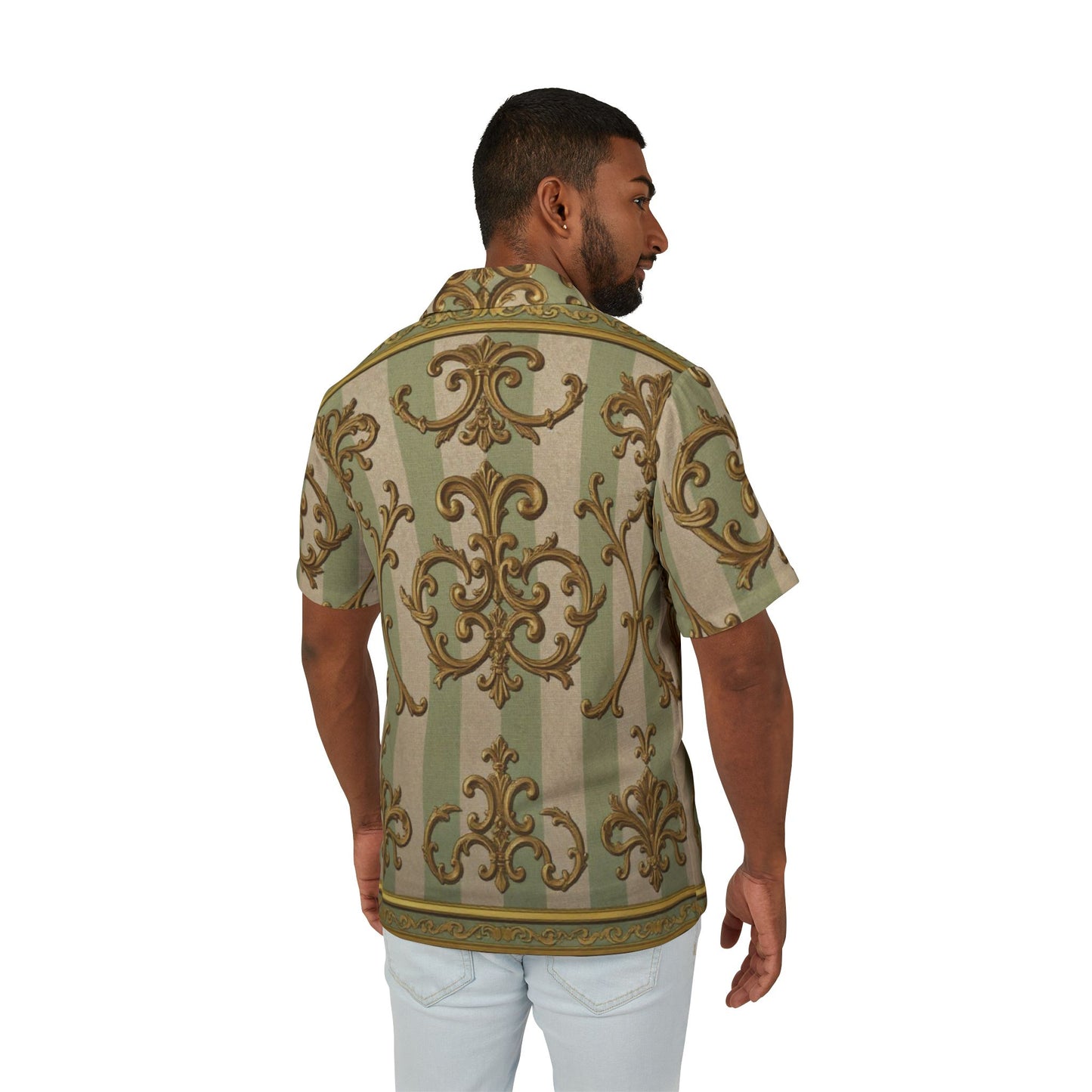 Stylish Men's Hawaiian Camp Shirt, Tropical Casual Shirt, AOP Patterned Top, Summer Vacation Wear - Mint & Beige Striped Gold Baroque