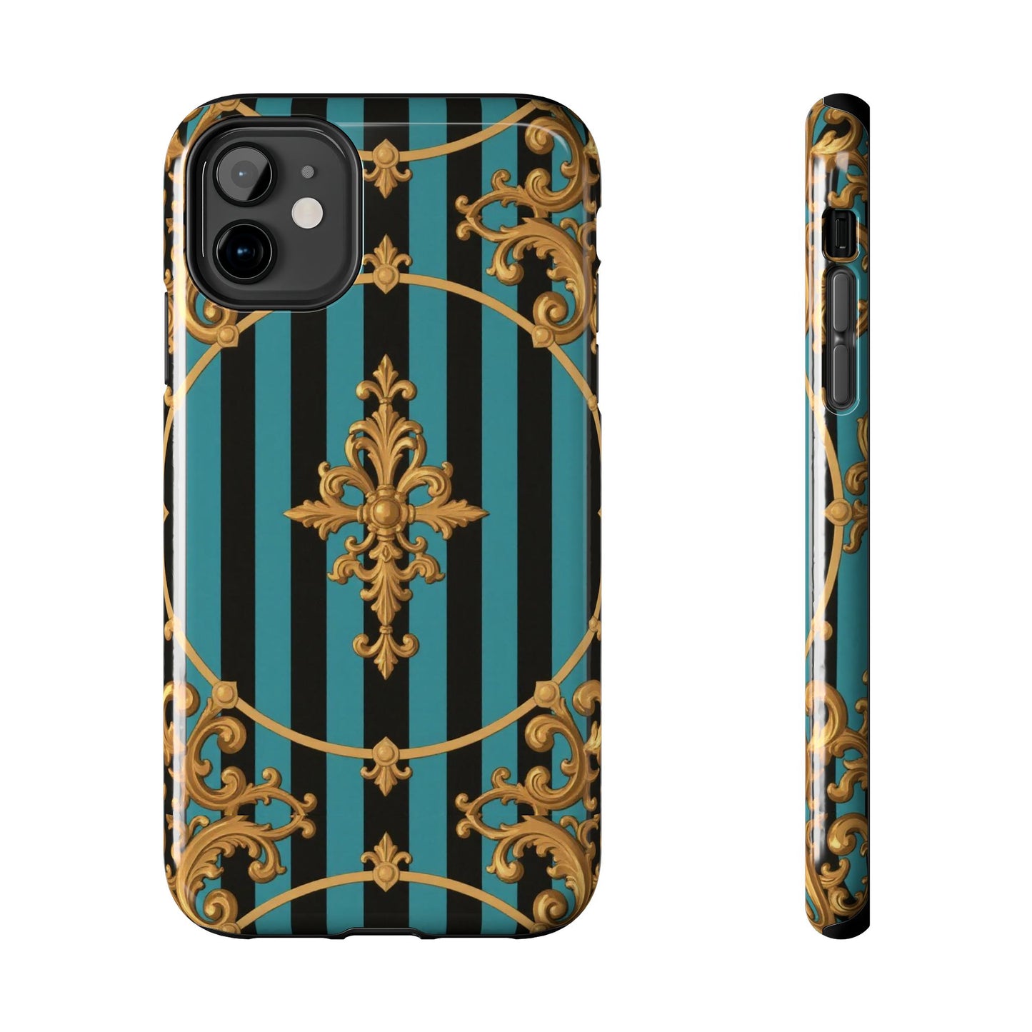 Elegant Turquoise & Black Striped Gold Baroque Phone Case, Tough Phone Cases for Fashion Lovers, Gift for Her, Luxury Accessories