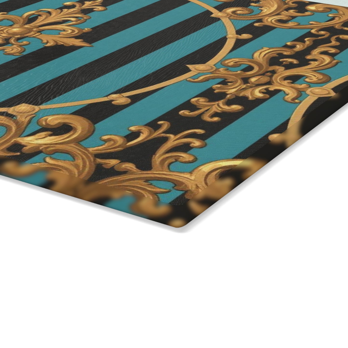 Elegant Turquoise & Black Striped Gold Baroque Decorative Glass Cutting Board | Kitchen Decor, Wedding Gift, Home Cook, Housewarming Gift