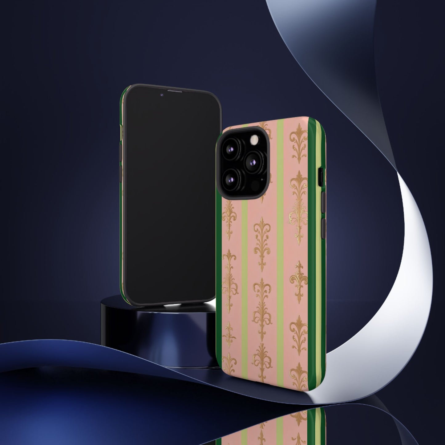Elegant Floral Motif Phone Case - Tough Cases with Vintage Design - Lime Green & Pink Striped Damask