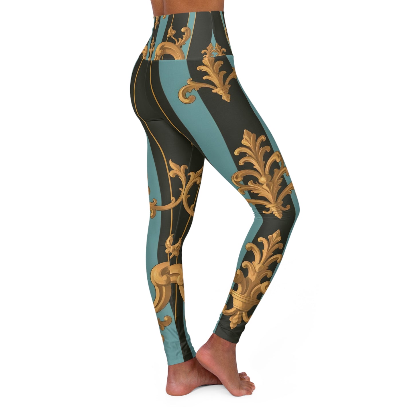 Elegant High Waisted Yoga Leggings, Activewear for Yoga and Pilates, Stylish Workout Pants - Black & Turquoise Striped Baroque
