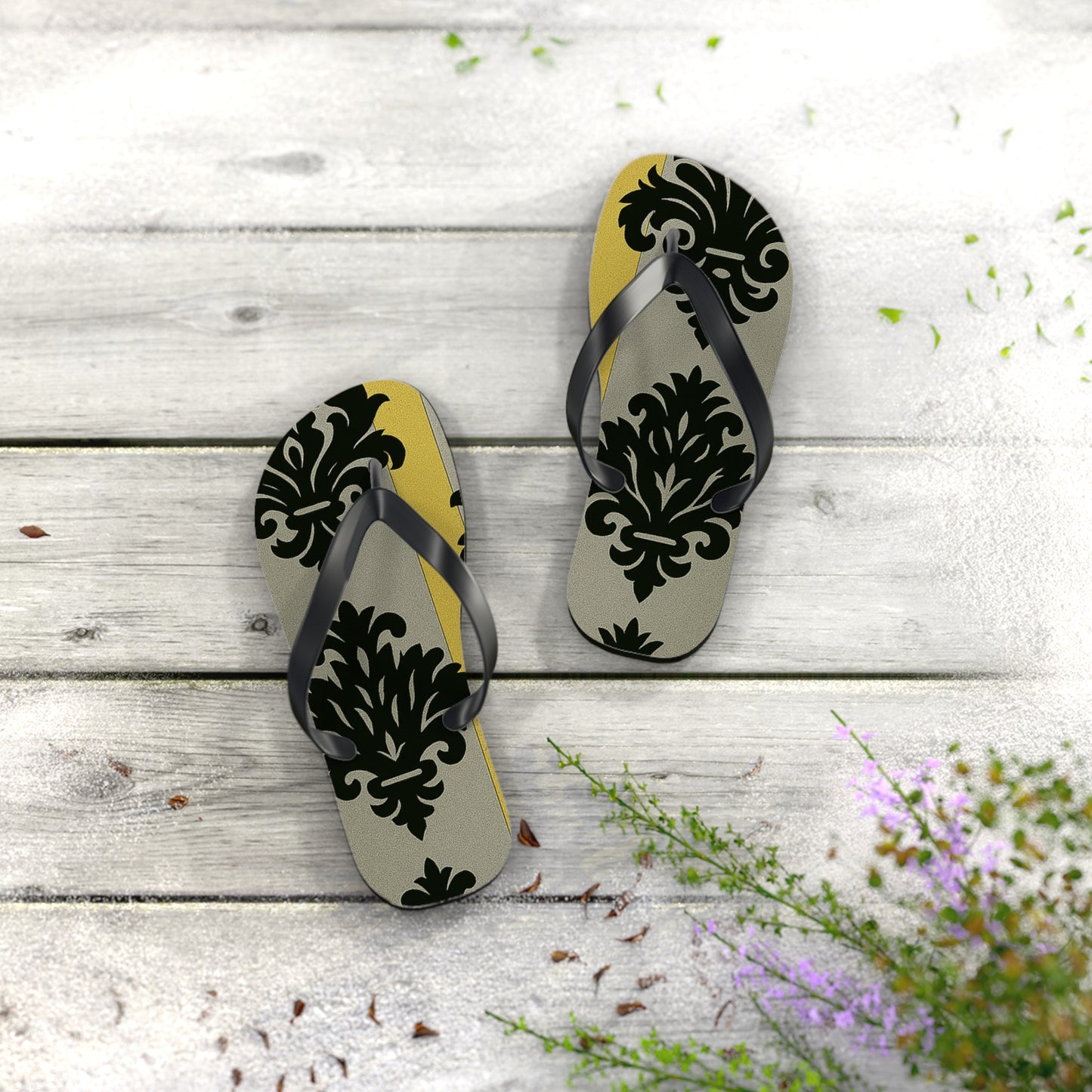 Stylish Flip Flops - Summer Sandals for Beach, Vacation, and Casual Wear - Silver & Gold Striped Black Baroque