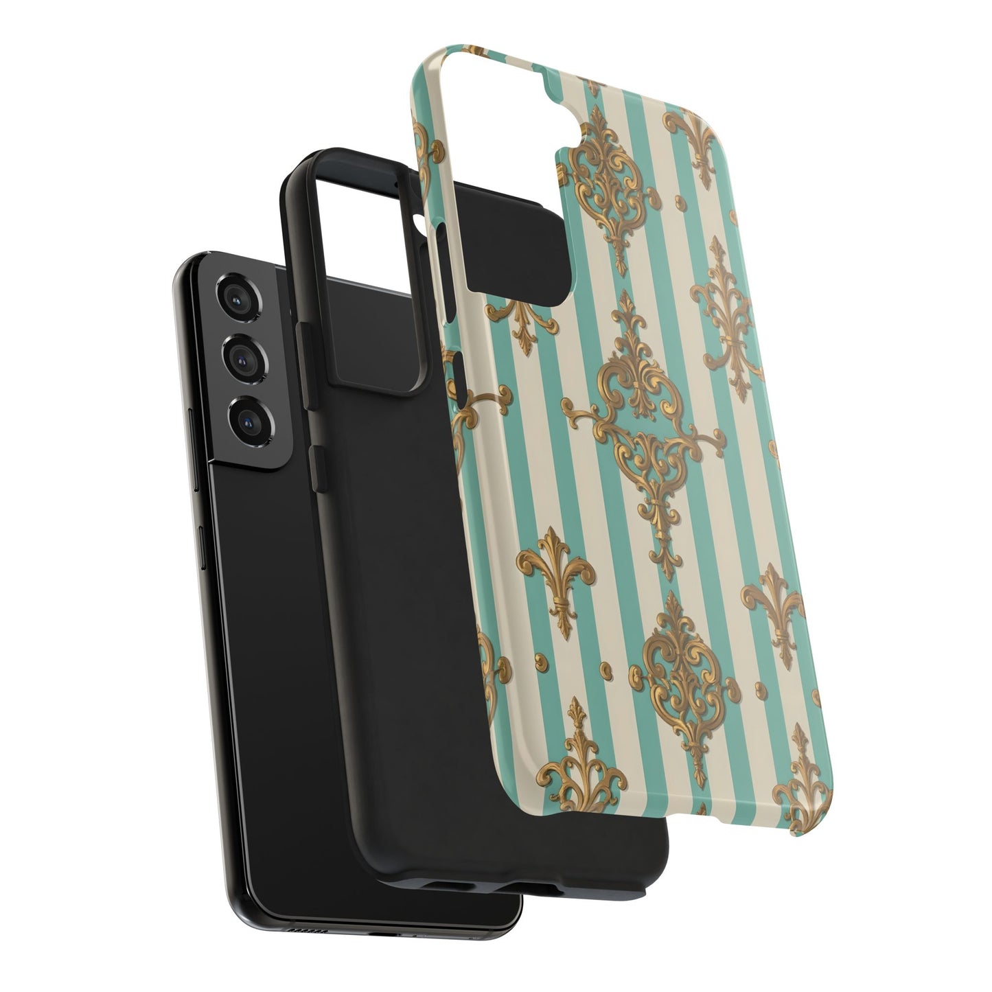 Elegant Striped Phone Case with Vintage Design, Tough Phone Cover, Stylish Smartphone Case - Matte Green Striped Rococo