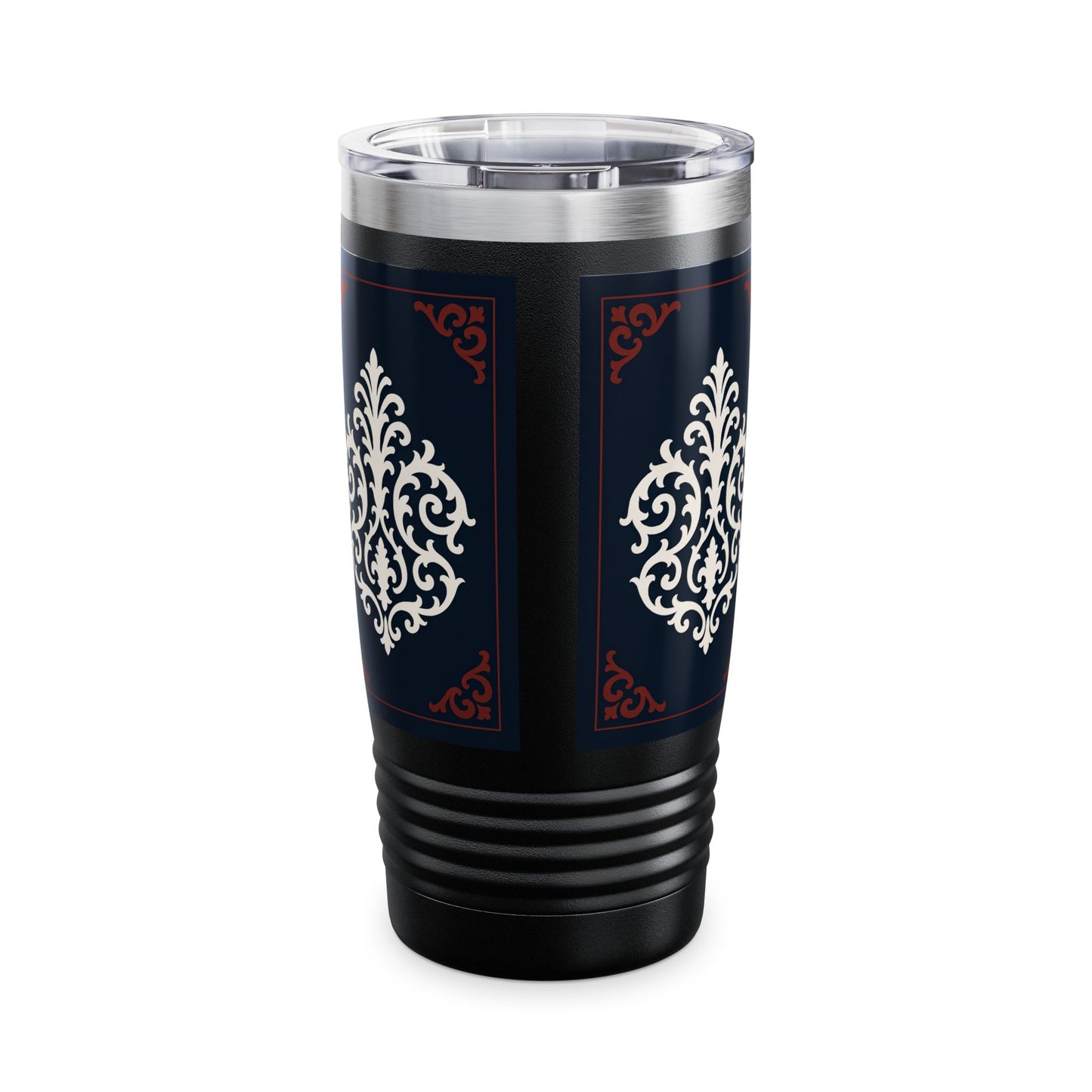 Dusk Blue-Maroon & White Baroque 20oz Ringneck Tumbler with Classic Baroque Design — Elegant Travel Mug