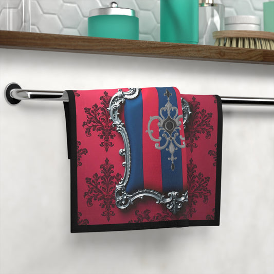 Elegant Monogrammed Face Towel, Luxurious Bathroom Accessories, Spa Gift, Personalized Grooming Essential - Blue & Red Striped Silver Crest