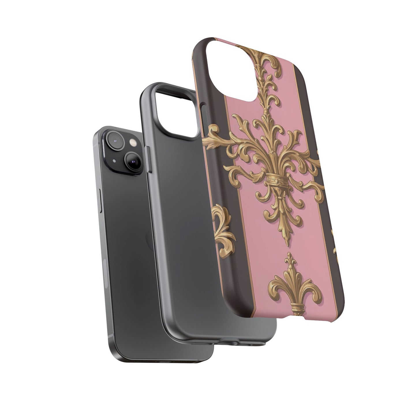 Elegant Floral Motif Phone Case - Tough Cases with Vintage Design - Pink & Brown Striped Gold Damask