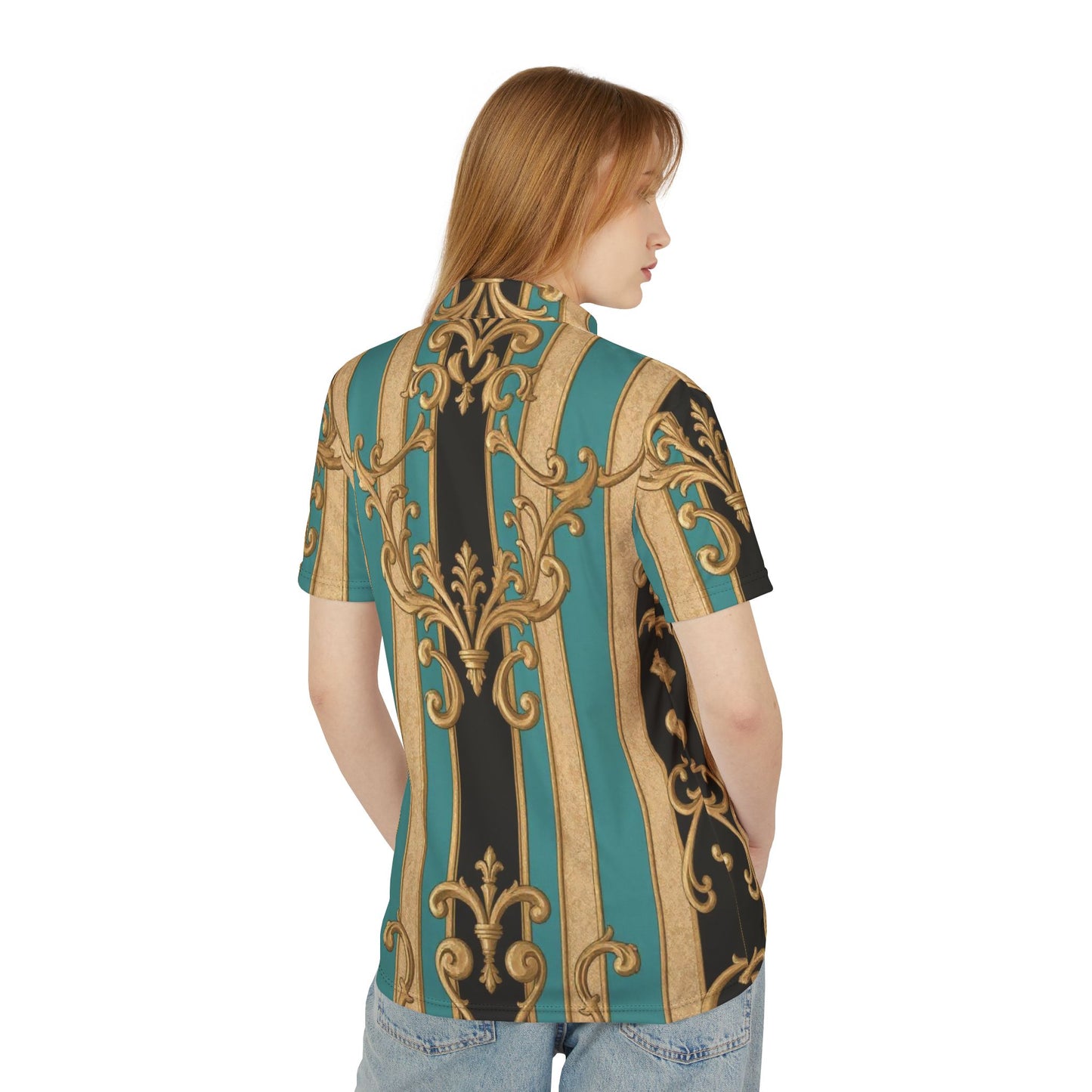 Elegant Black, Tan & Ocean Green Striped Gold Baroque AOP Unisex Polo Shirt, Chic Casual Wear, Stylish Summer Outfit, Unique Gift for Him/Her
