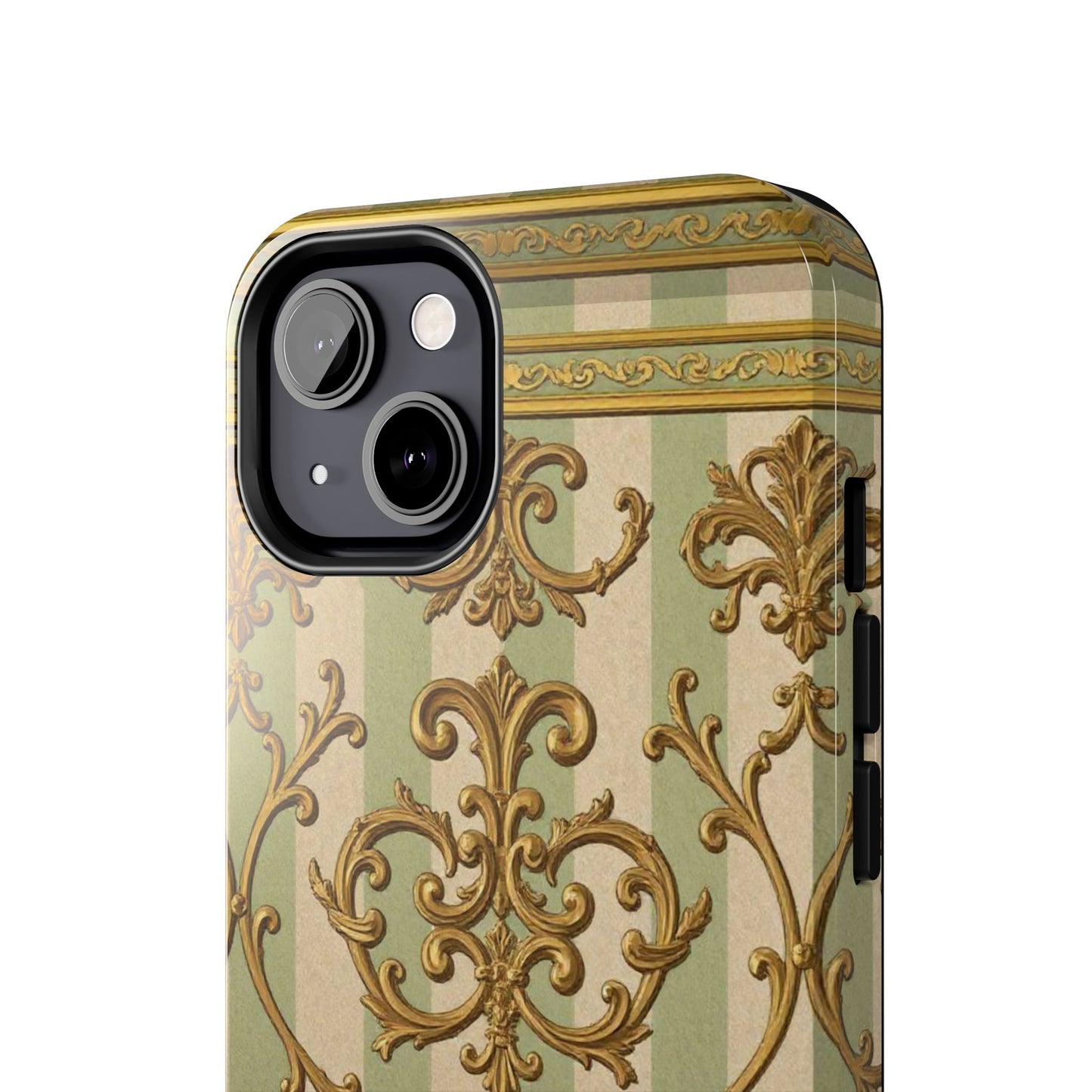 Vintage Elegance Phone Case, Tough Phone Cases for Style, Gift for Birthdays, Stylish Protection - Mint Green & Beige Striped Gold Baroque