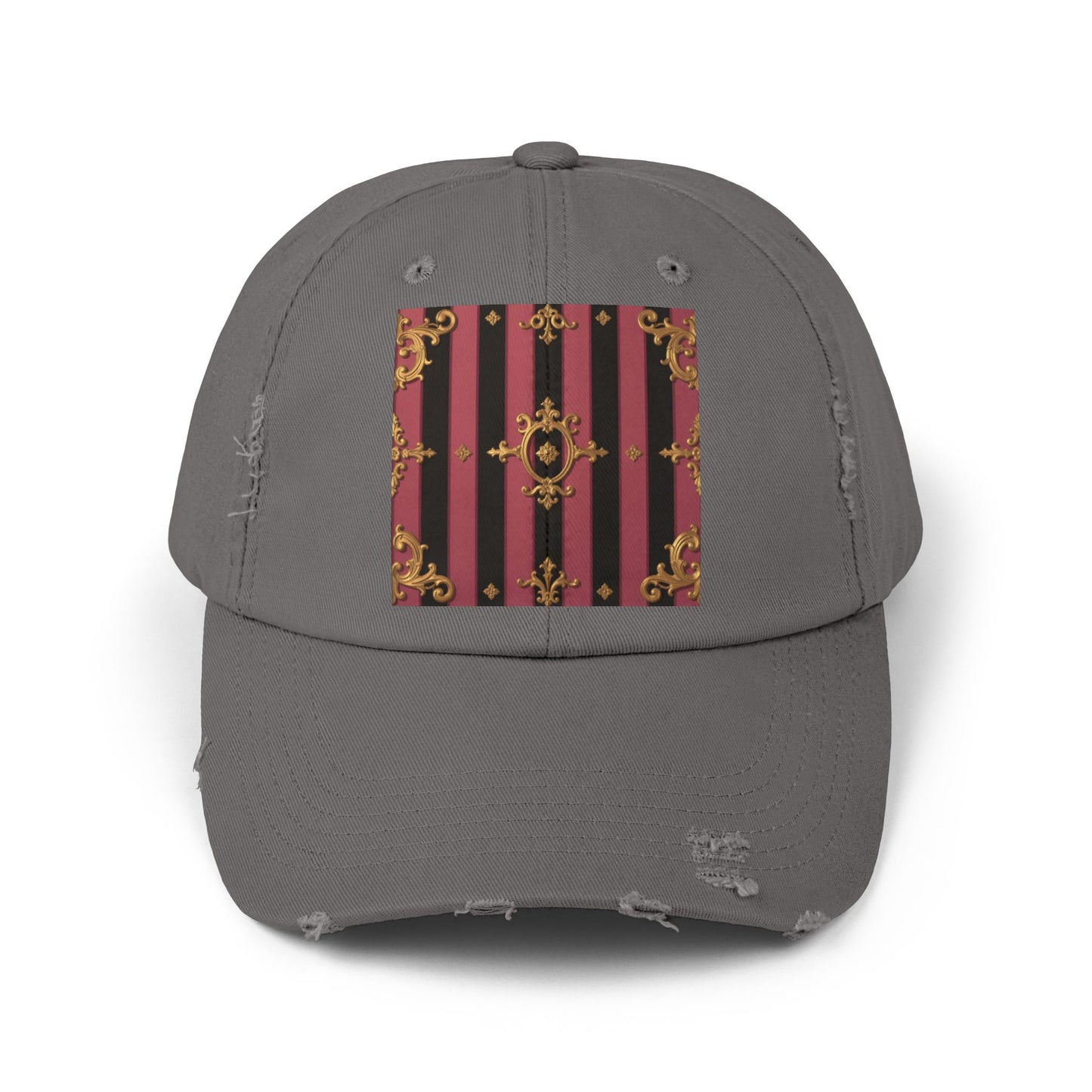 Chic Black & Mauve Striped Gold Baroque Distressed Cap, Trendy Hat, Vintage Style Cap, Gift for Him/Her, Casual Accessory