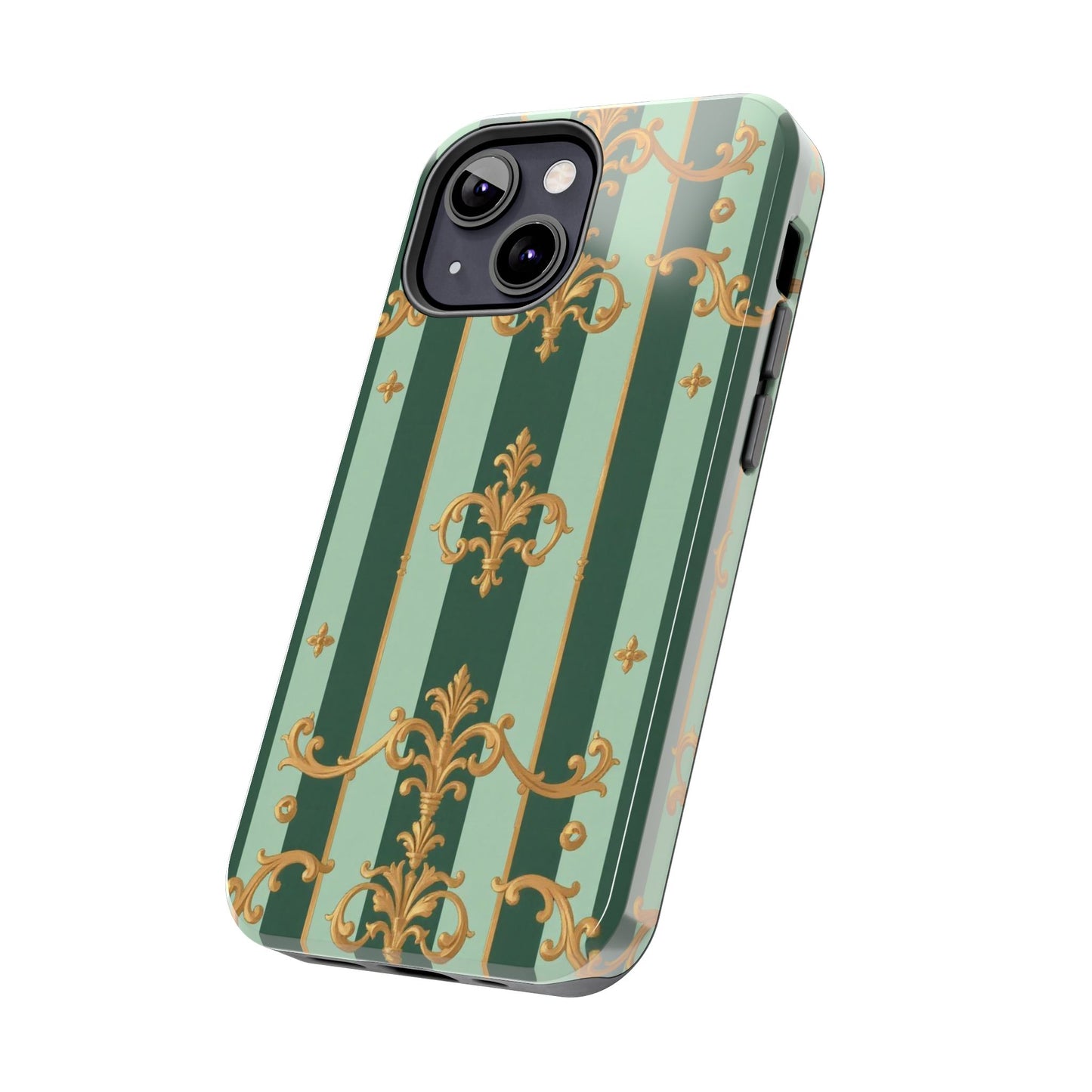 Elegant Floral Tough Phone Cases | Stylish Phone Protection, Gift for Her, Trendy Accessory, Unique Decor - Mint Green & Teal Striped Gold Baroque