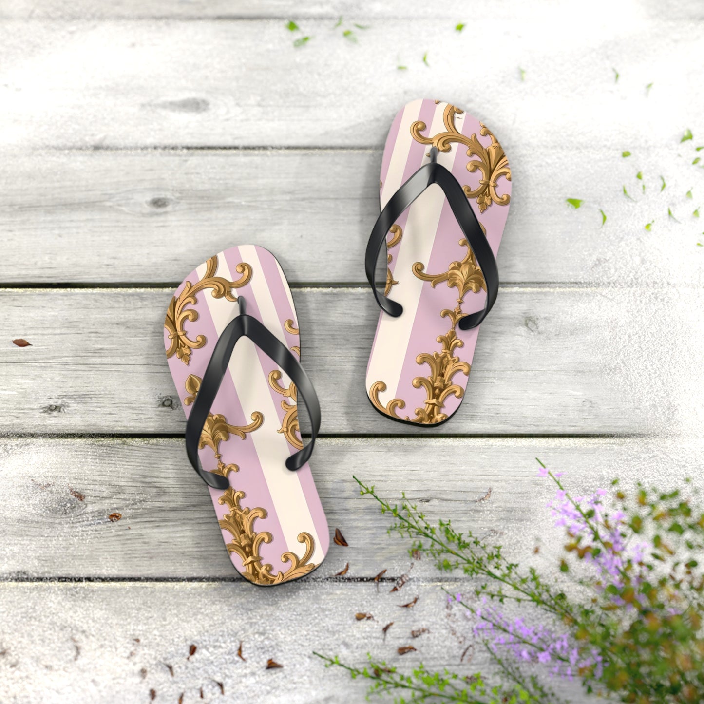 Chic Patterned Flip Flops for Stylish Summer Vibes, Beach Footwear, Vacation Sandals - Lilac & Alabaster Striped Gold Baroque