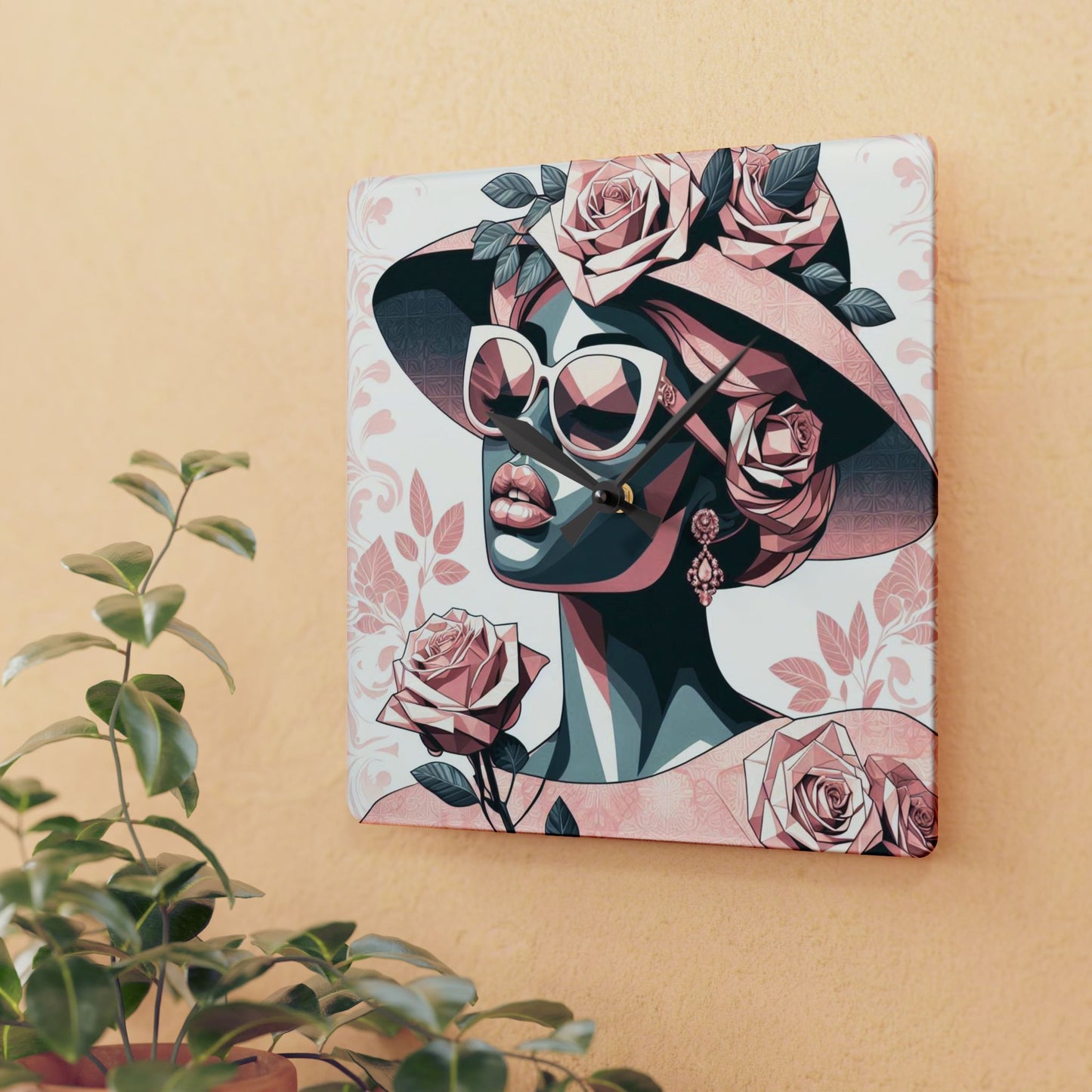 Elegant Floral Acrylic Wall Clock | Home Decor, Living Room Accent, Gift for Her, Art Clock, Modern Design - Pink & Matte Teal Lady