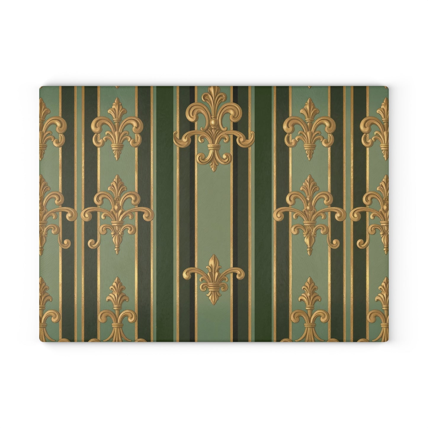 Elegant Glass Cutting Board with Fleur de Lis Design, Kitchen Decor, Wedding Gift, Housewarming Gift, Culinary Art - Green Striped Gold Baroque
