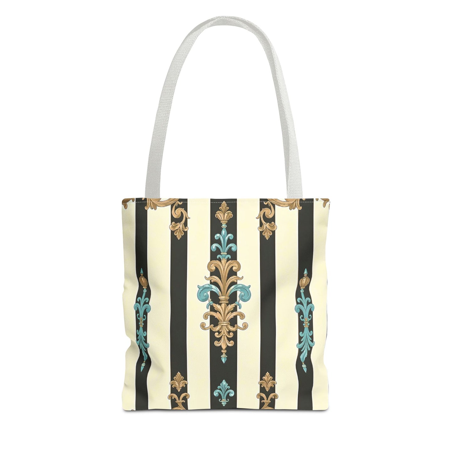 Elegant Stripe Pattern Tote Bag | Fashionable Reusable Shopping Tote, Eco-Friendly Gift Bag - Black Striped Turquoise & Black Rococo