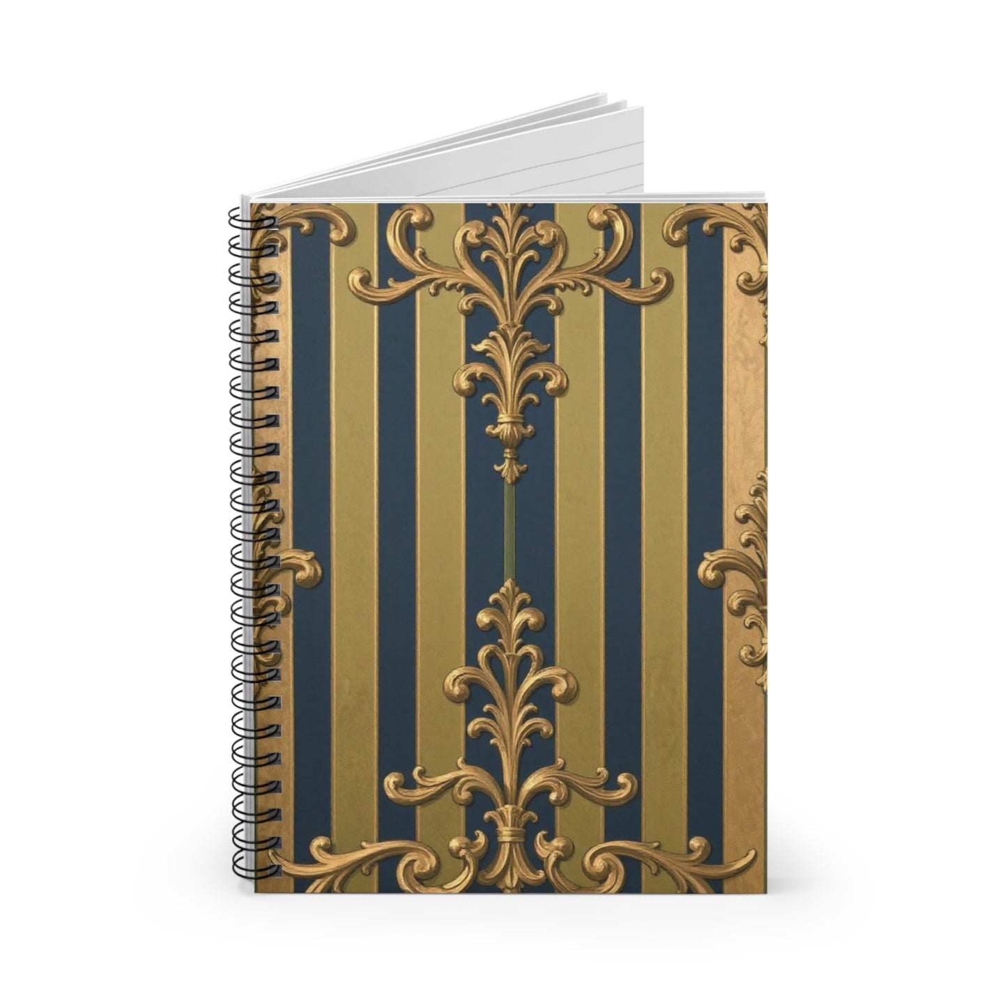 Elegant Midnight Blue & Olive Striped Gold Baroque Spiral Notebook - Ruled Lines, Luxury Journaling, School Essentials, Vintage Design