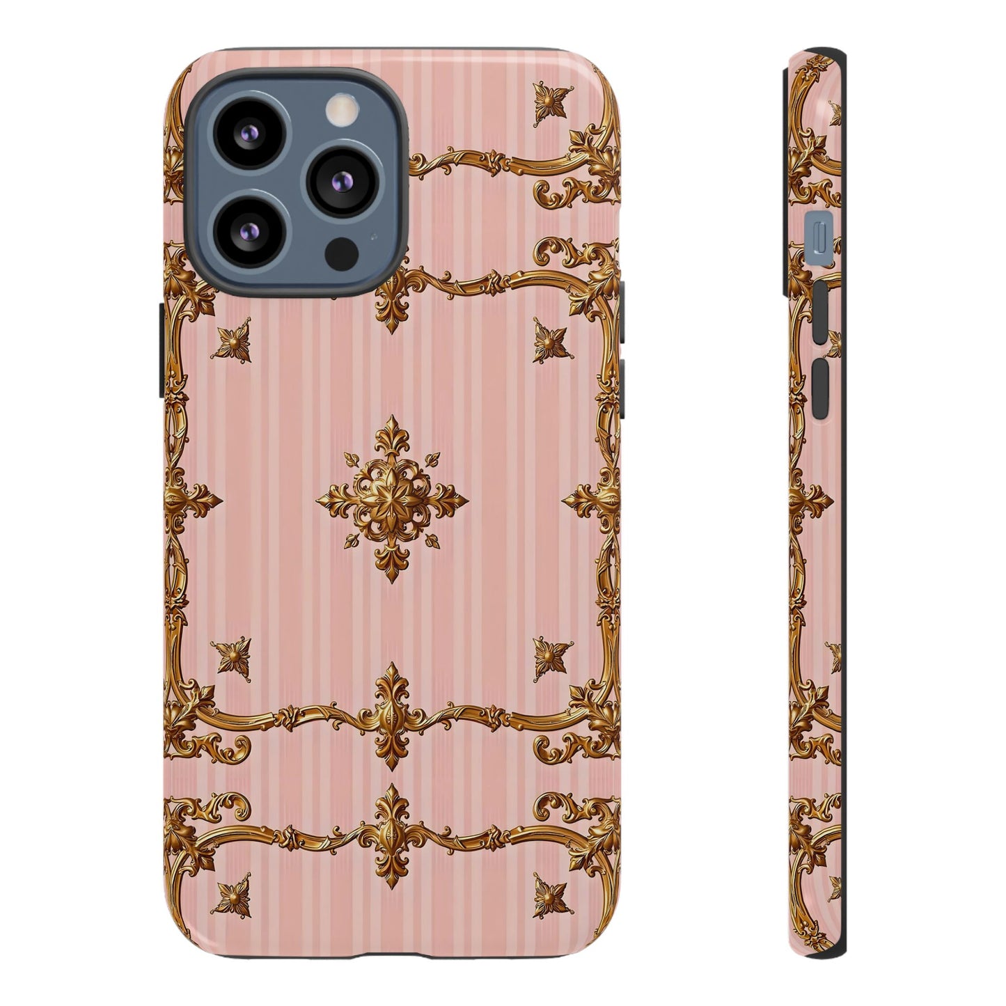 Elegant Floral Phone Case, Tough Cases for Women, Trendy Phone Cover, Chic Gift - Pink Striped Gold Baroque