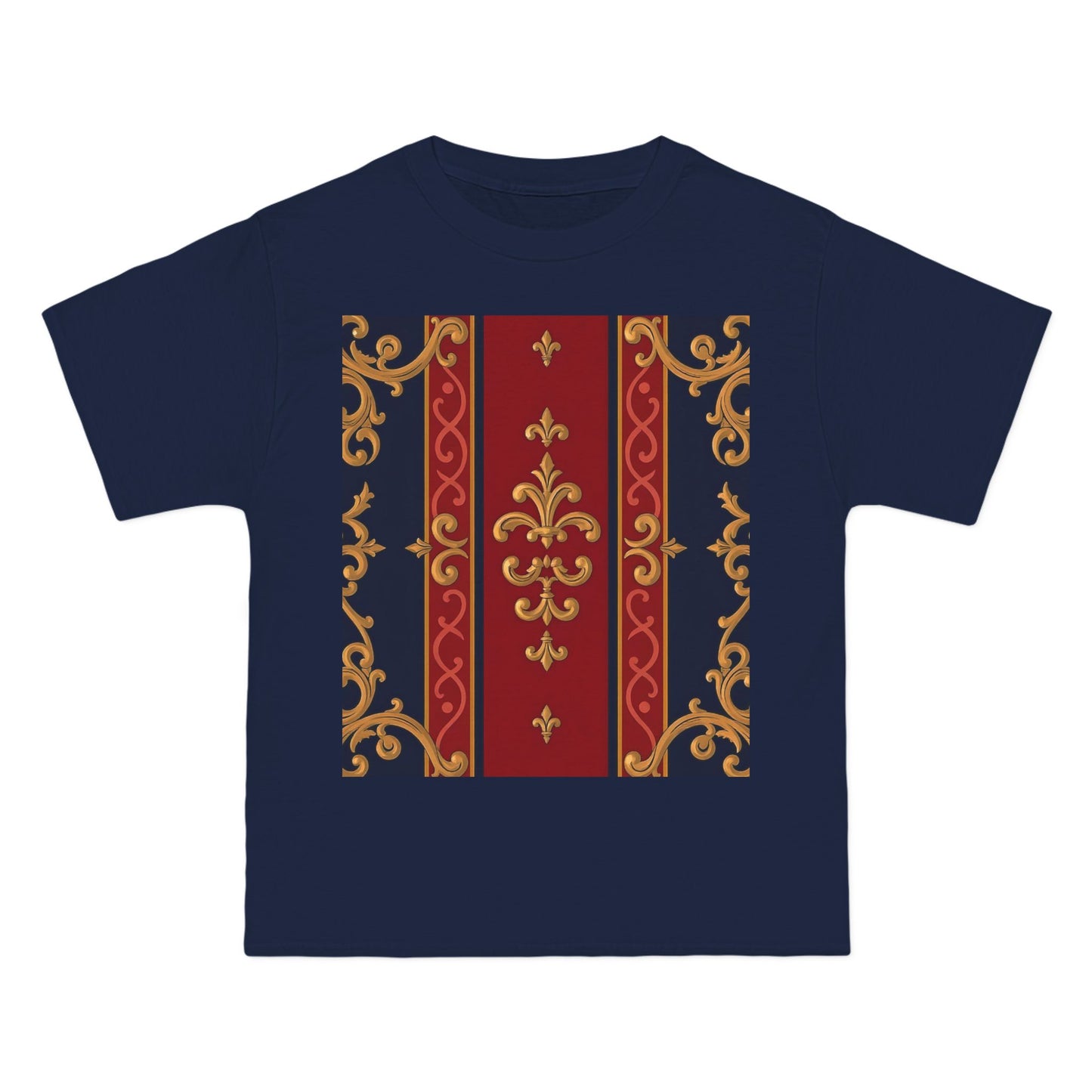 Elegant Patterned Short-Sleeve T-Shirt, Stylish Tee, Vintage Design Top, Casual Wear, Fashionable Gift - Midnight Blue & Dusk Red Gold Baroque