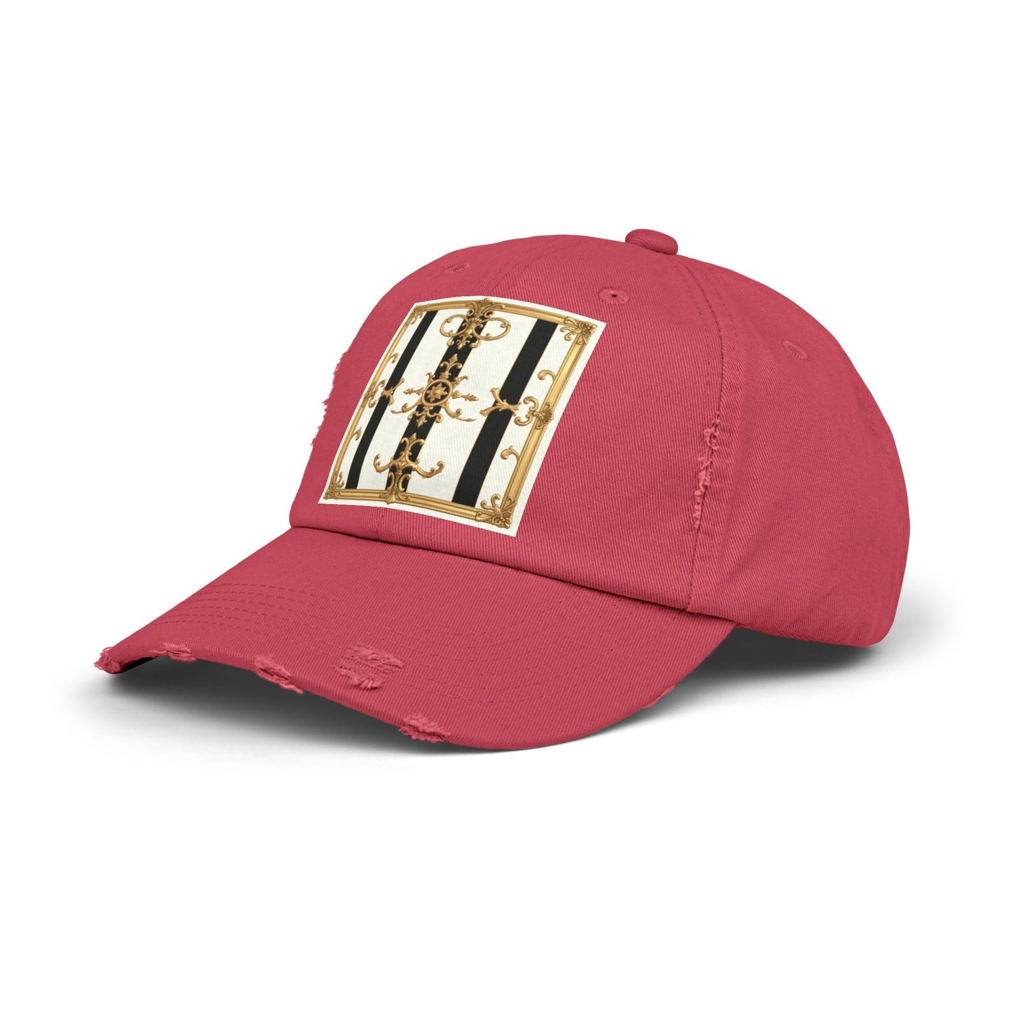 Stylish Distressed Cap with Unique Gold Design, Trendy Hat, Casual Wear, Gift for Him/Her - Black & White Striped Gold Baroque