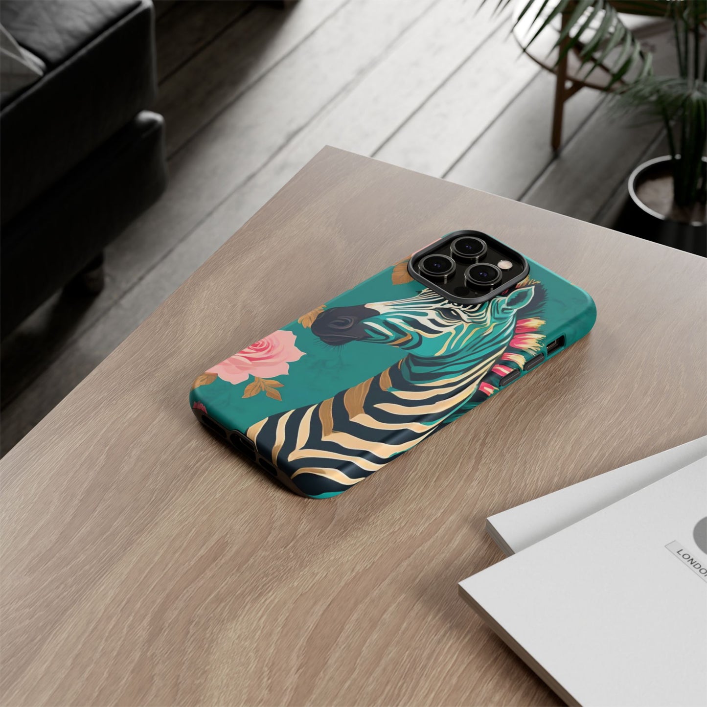 Phone Case - Elegant Teal & Gold Zebra & Roses Design