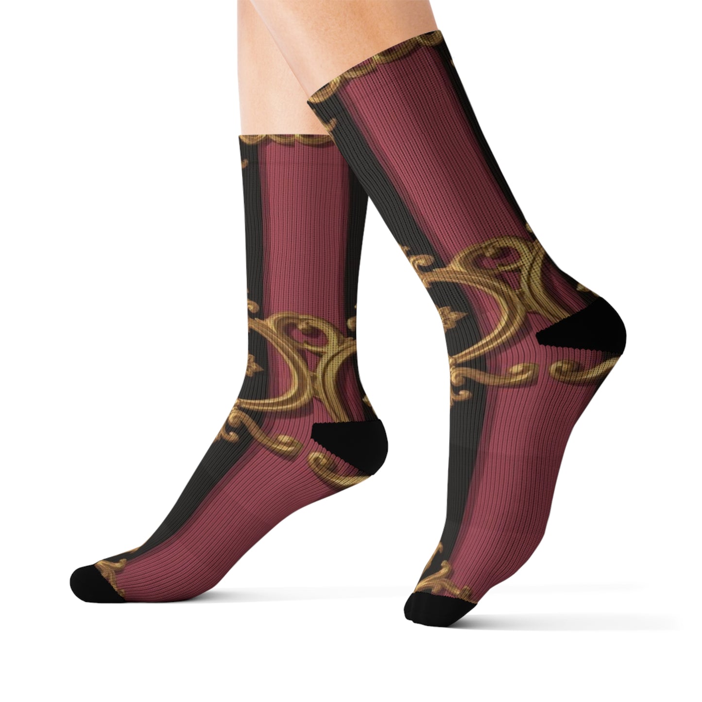 Stylish Sublimation Socks, Black & Mauve Striped Gold Baroque Fashion Socks, Unique Gift Socks, Cozy Home Socks, Trendy Footwear, Comfortable Dress Socks