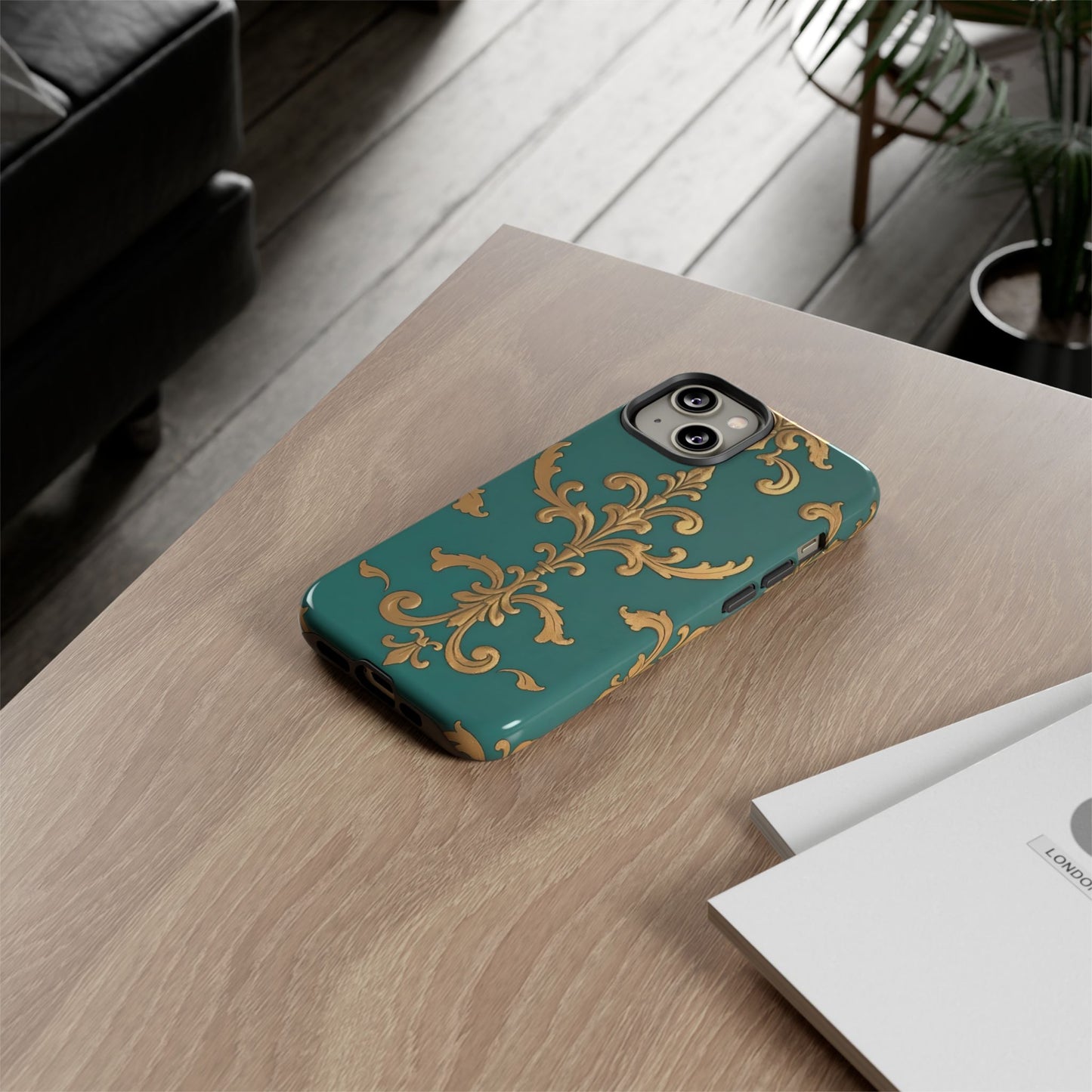 Elegant Floral Motif Phone Case - Tough Cases with Vintage Design - Aqua & Gold Damask