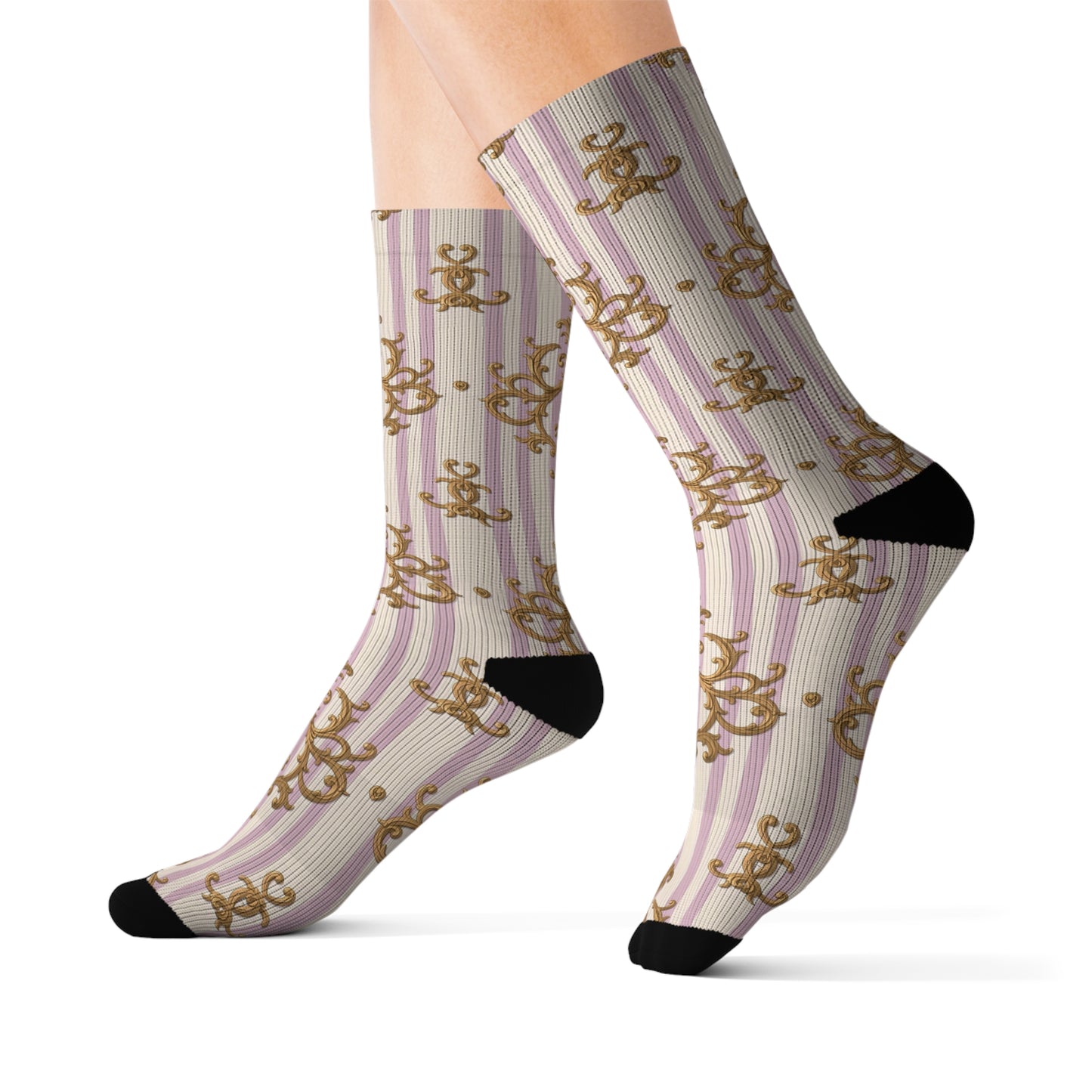 Elegant Vintage-Themed Sublimation Socks, Cozy Footwear, Comfortable Socks, Gifts for Her - Lilac & Alabaster Striped Gold Baroque