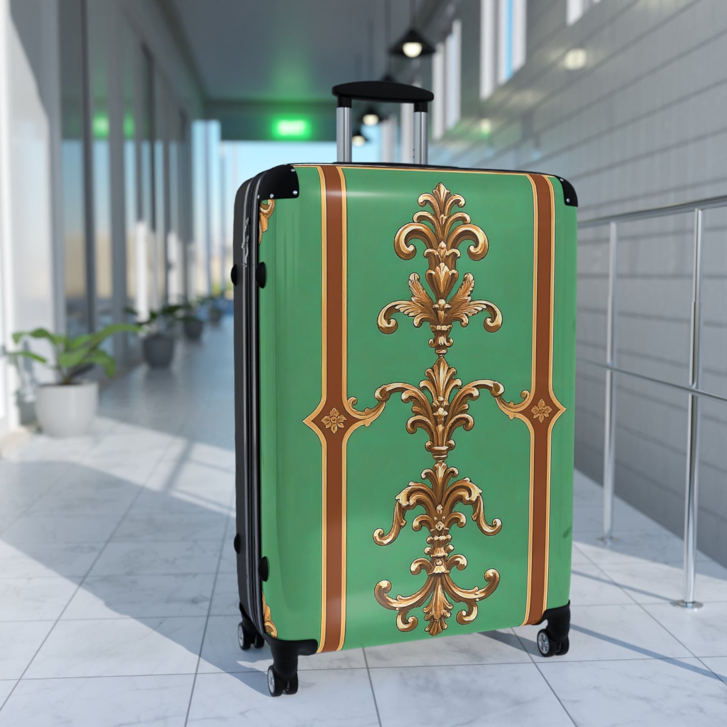 Luxury Ornate Design Suitcase - Travel in Style - Rust & Green Striped Baroque