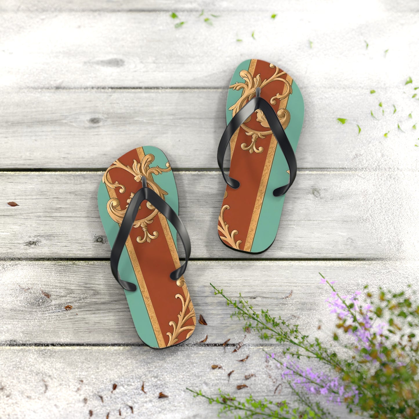 Elegant Vintage Flip Flops with Ornate Design - Perfect for Summer & Beach Getaways - Rust & Mint Aqua Striped Baroque
