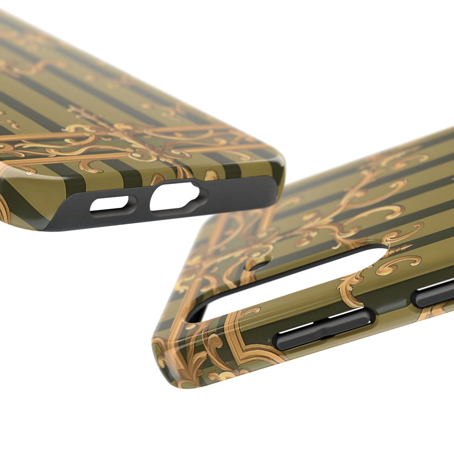 Elegant Vintage Phone Case - Tough Protection with Classy Design, Stylish Phone Cover for Fashion Lovers - Olive Green Striped Rococo