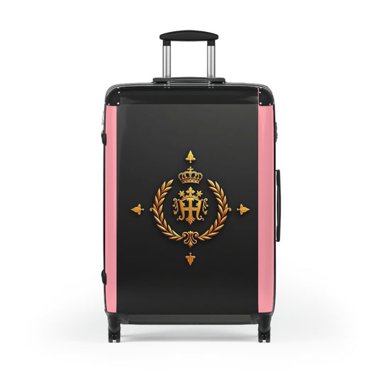 Regal Crown Suitcase, Stylish Travel Luggage, Vacation Essentials, Personalized Carry-On, Unique Gift for Travelers - Pink Striped Gold Crest