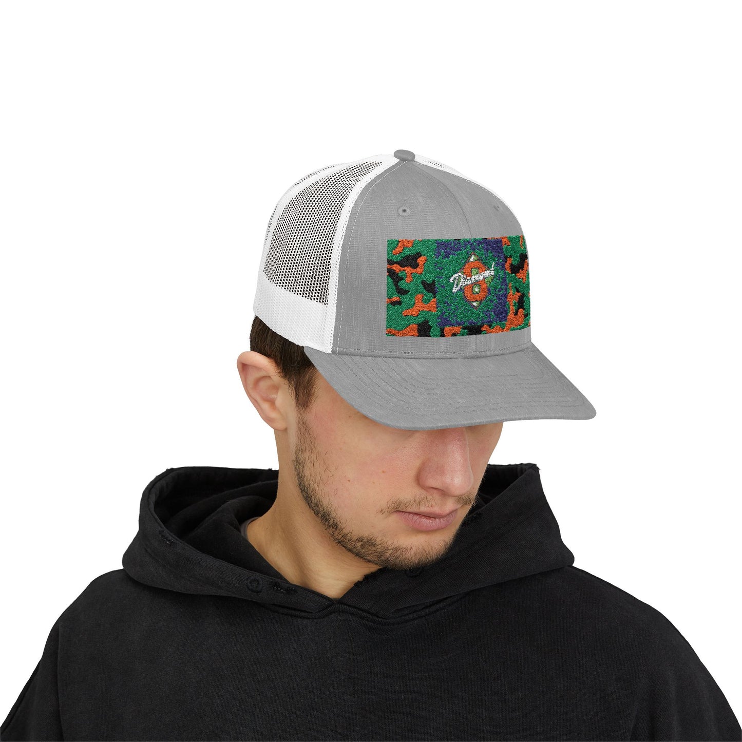 Colorful Camouflage Snapback Trucker Cap, Casual Hat, Outdoor Gear, Unisex Headwear, Gift for Him/Her - Green & Orange Camo Diamond 8