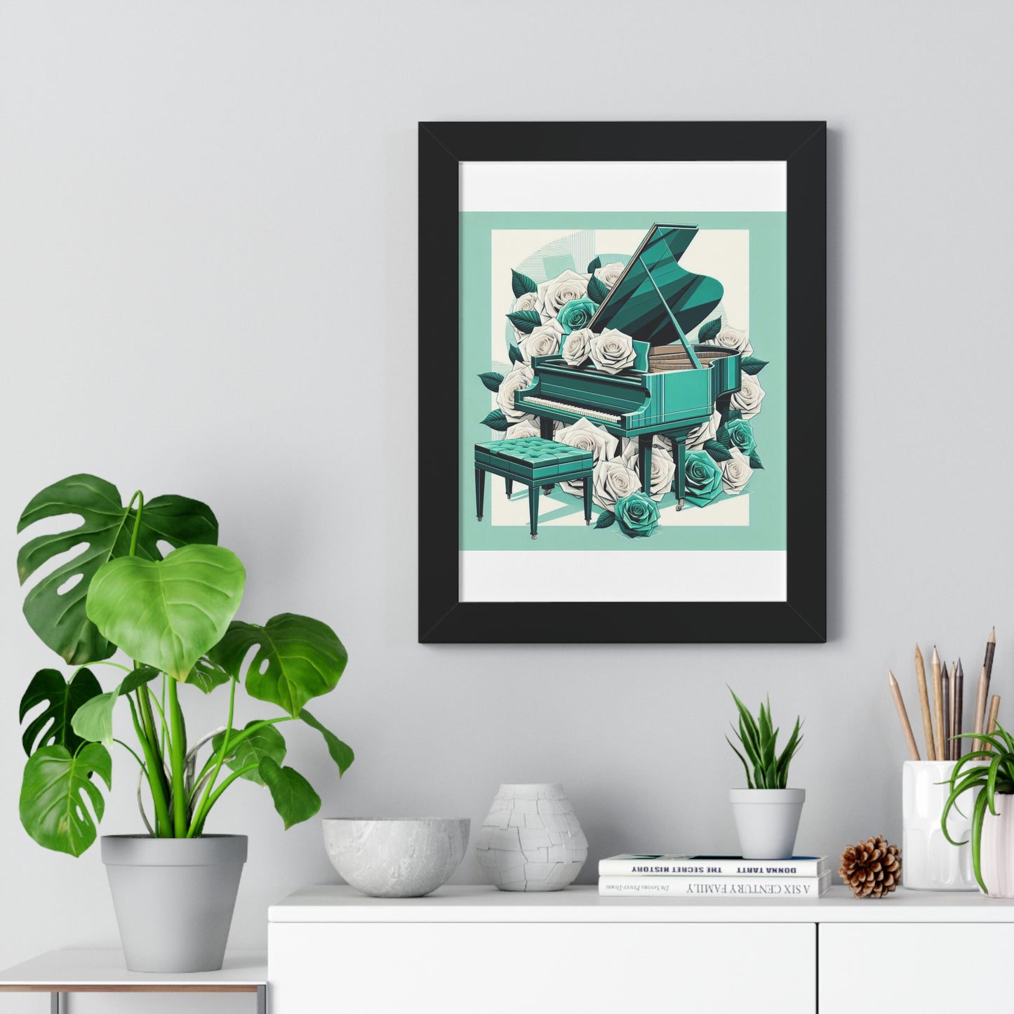 Vertical Poster - Aqua Grand Piano & Roses Wall Art