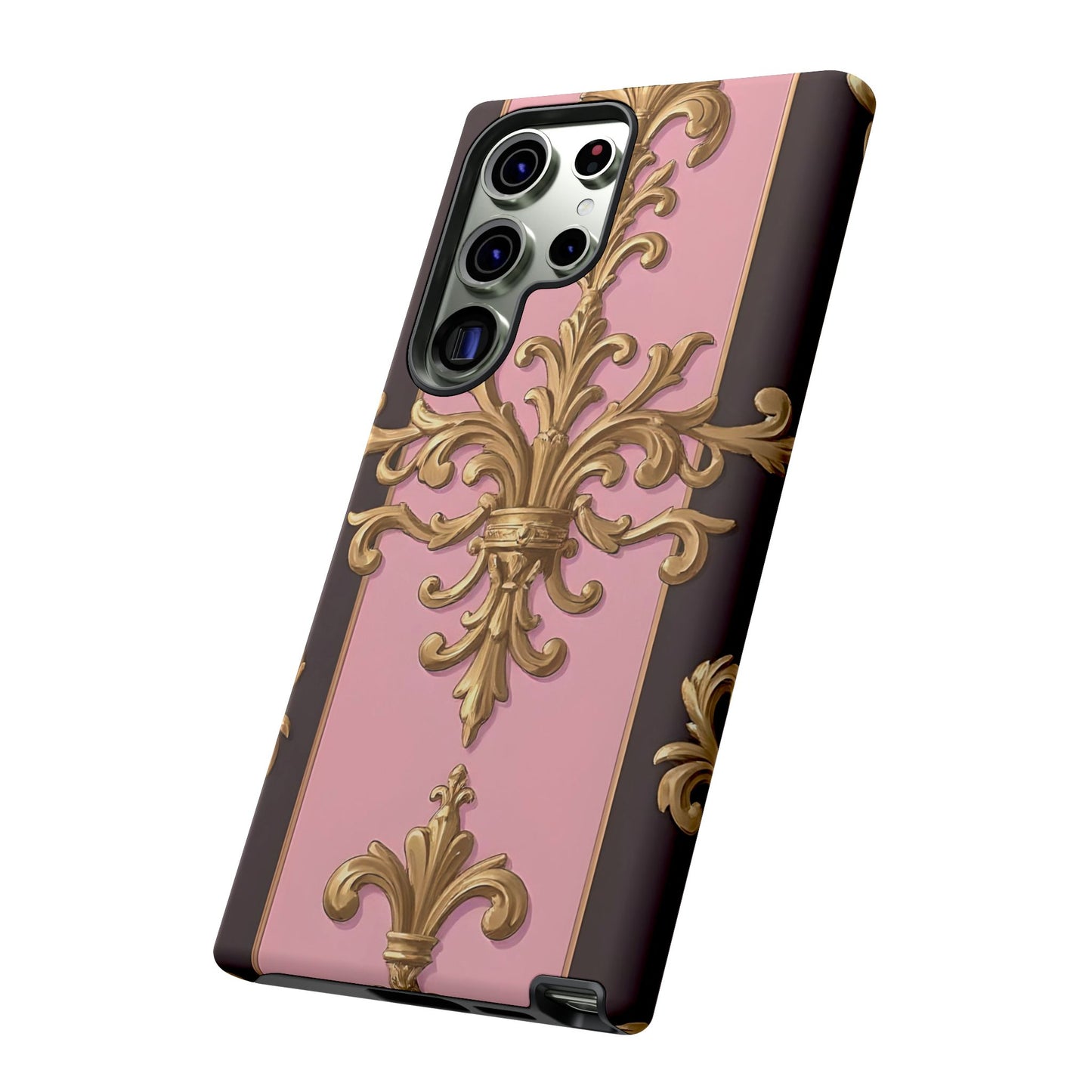 Elegant Floral Motif Phone Case - Tough Cases with Vintage Design - Pink & Brown Striped Gold Damask