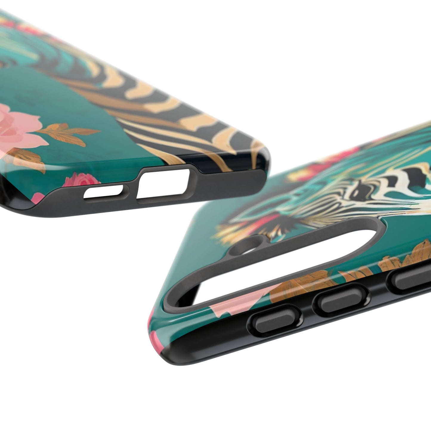 Phone Case - Elegant Teal & Gold Zebra & Roses Design