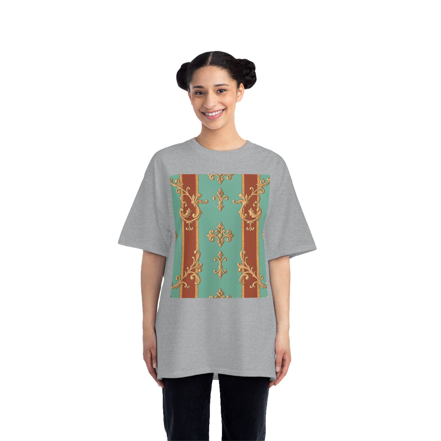 Elegant Vintage Patterned T-Shirt | Vintage Style Tee, Casual Wear, Retro Aesthetic - Rust & Mint Aqua Striped Baroque