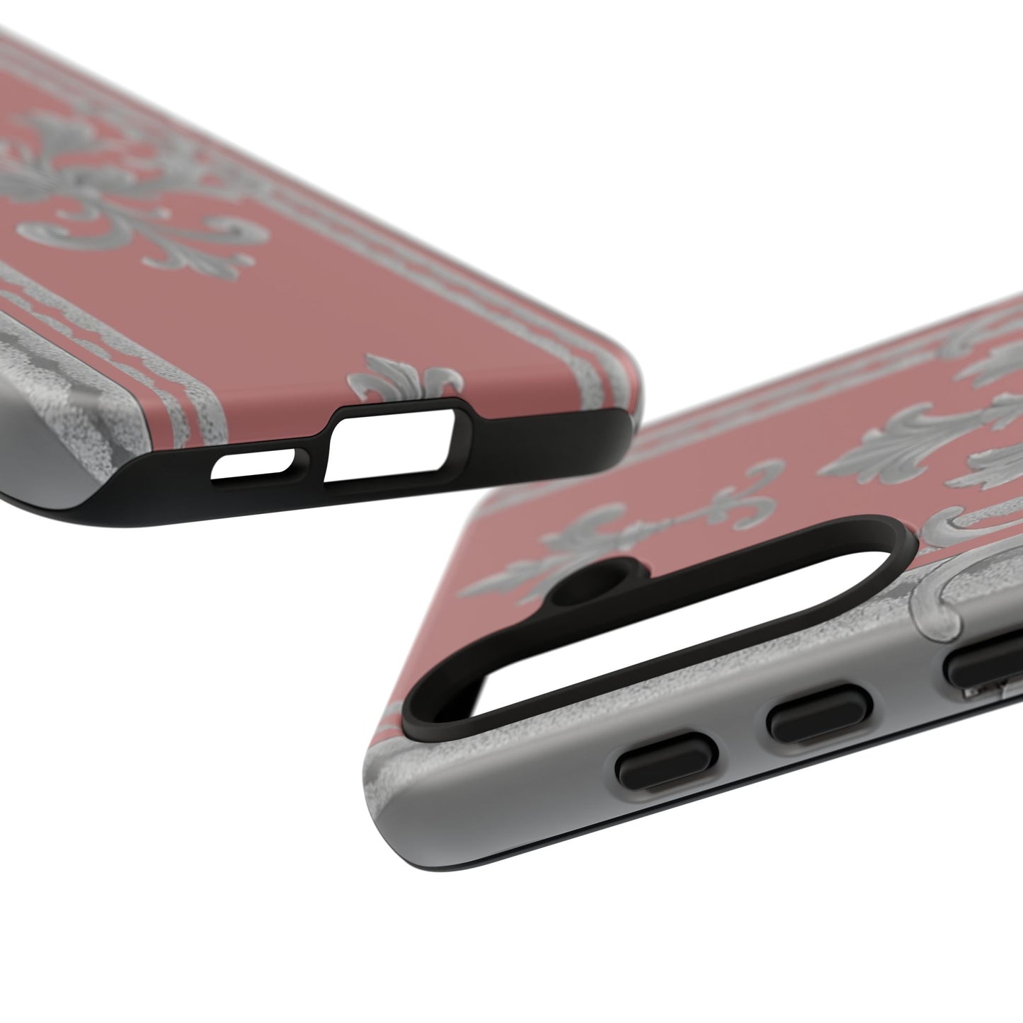 Elegant Floral Phone Case - Tough Cases for Stylish Protection - Gray & Mauve Striped Baroque