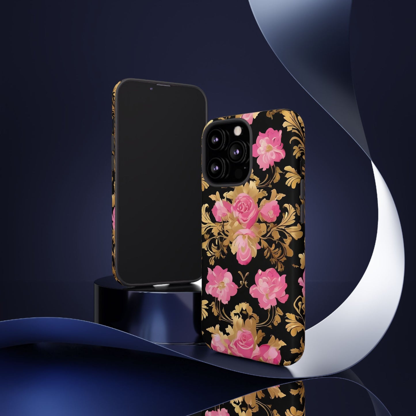 Elegant Floral Motif Phone Case - Tough Cases with Vintage Design - Pink & Gold Roses