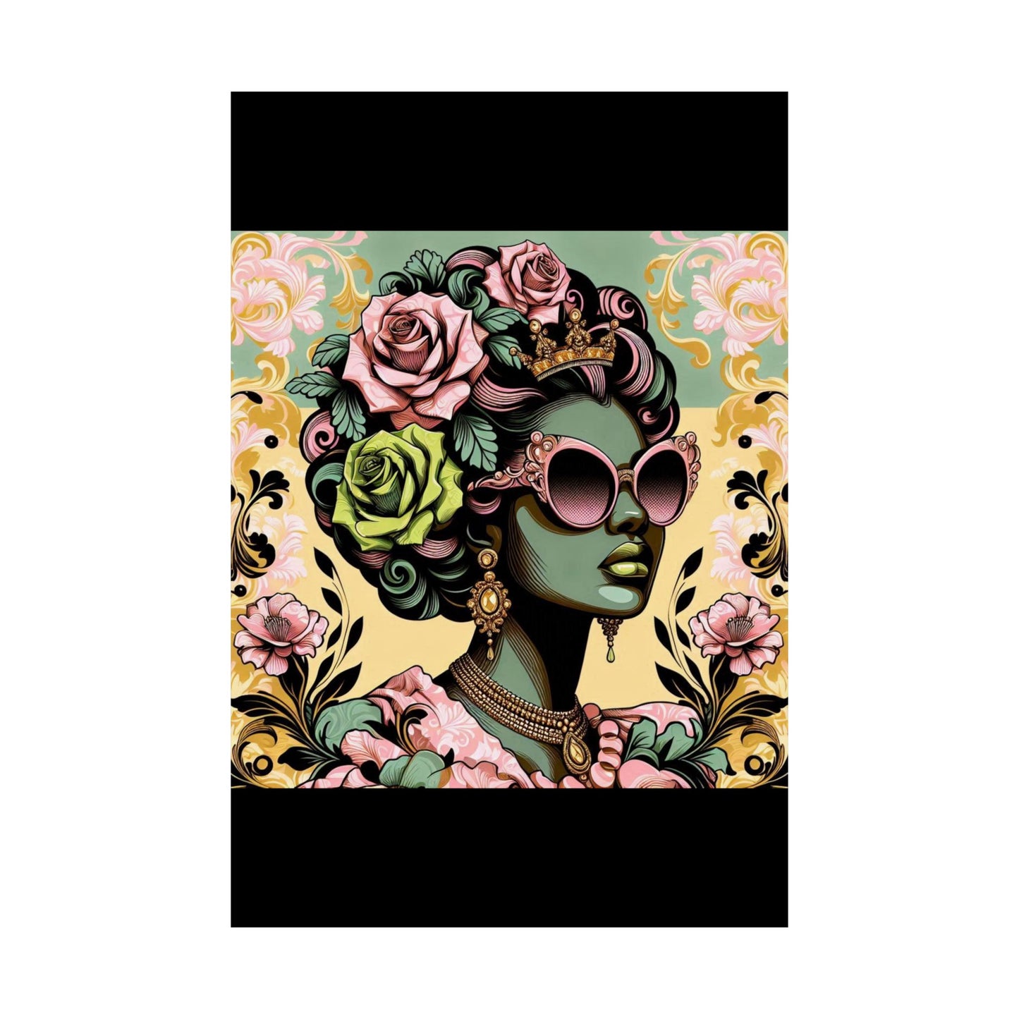 Floral Afro Art Poster - Elegant Matte Vertical Wall Decor - Mint Green Lady With Damask & Roses